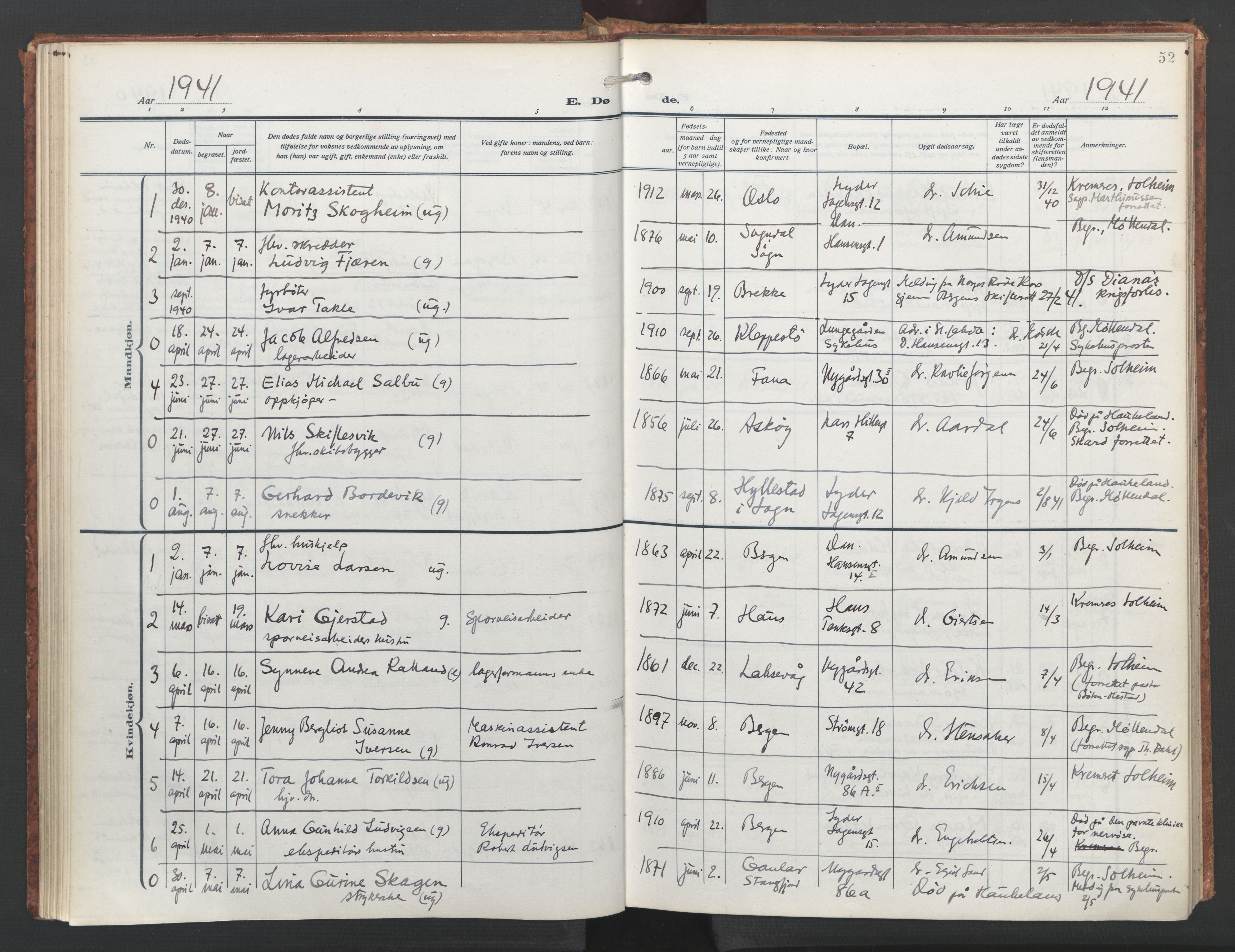 St. Jacob sokneprestembete, AV/SAB-A-78001/H/Haa/L0009: Parish register (official) no. D 1, 1917-1972, p. 52