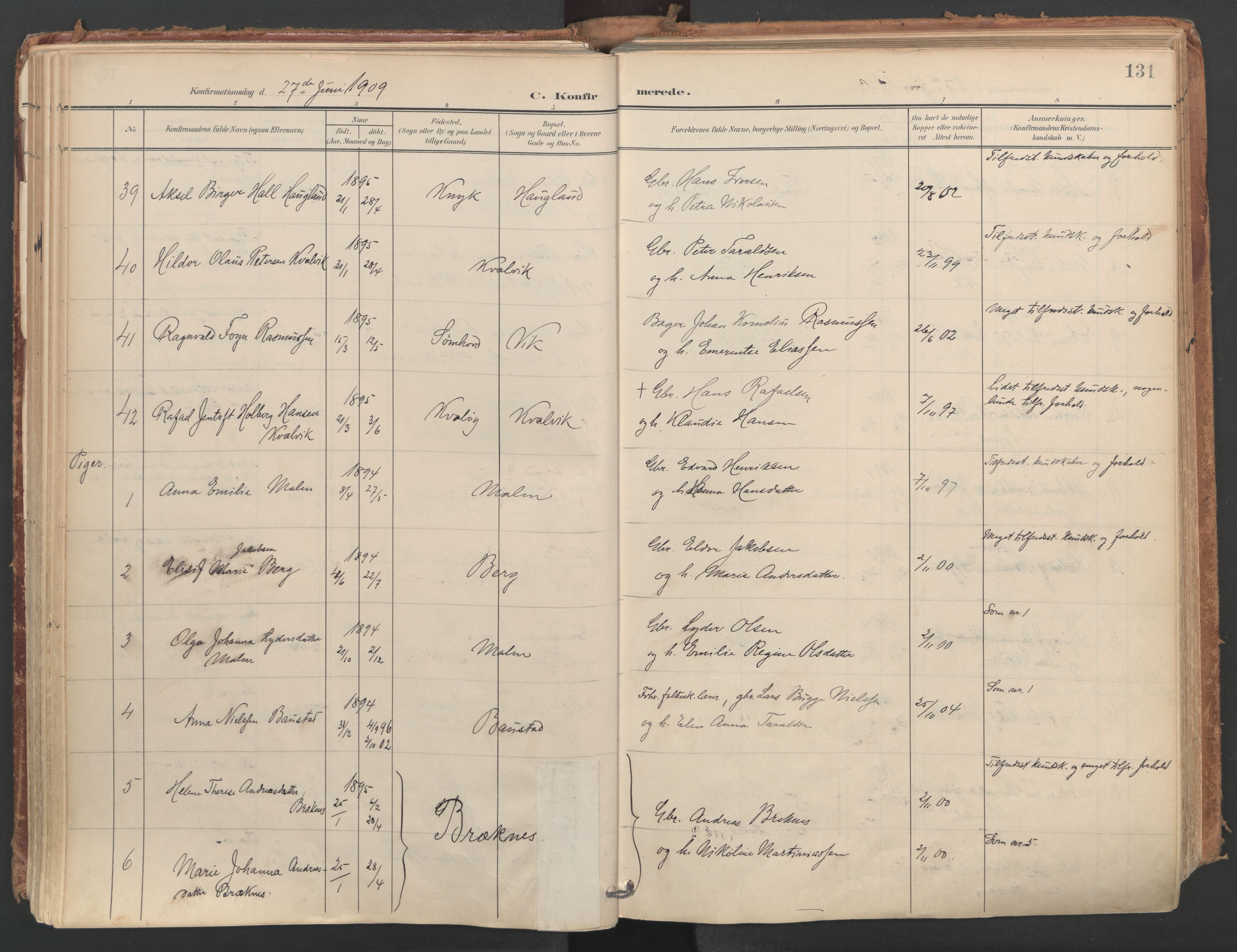 Ministerialprotokoller, klokkerbøker og fødselsregistre - Nordland, AV/SAT-A-1459/812/L0180: Parish register (official) no. 812A09, 1901-1915, p. 131