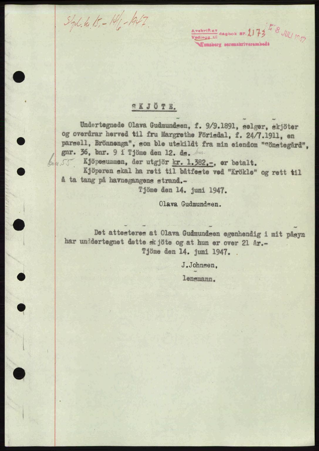 Tønsberg sorenskriveri, SAKO/A-130/G/Ga/Gaa/L0022: Mortgage book no. A22, 1947-1947, Diary no: : 2173/1947