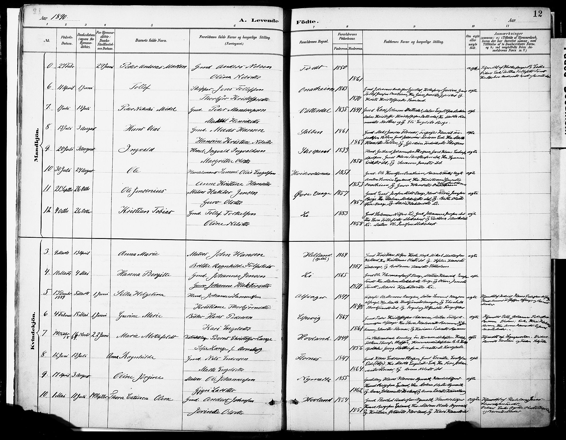 Tysnes sokneprestembete, SAB/A-78601/H/Haa: Parish register (official) no. C 1, 1887-1912, p. 12