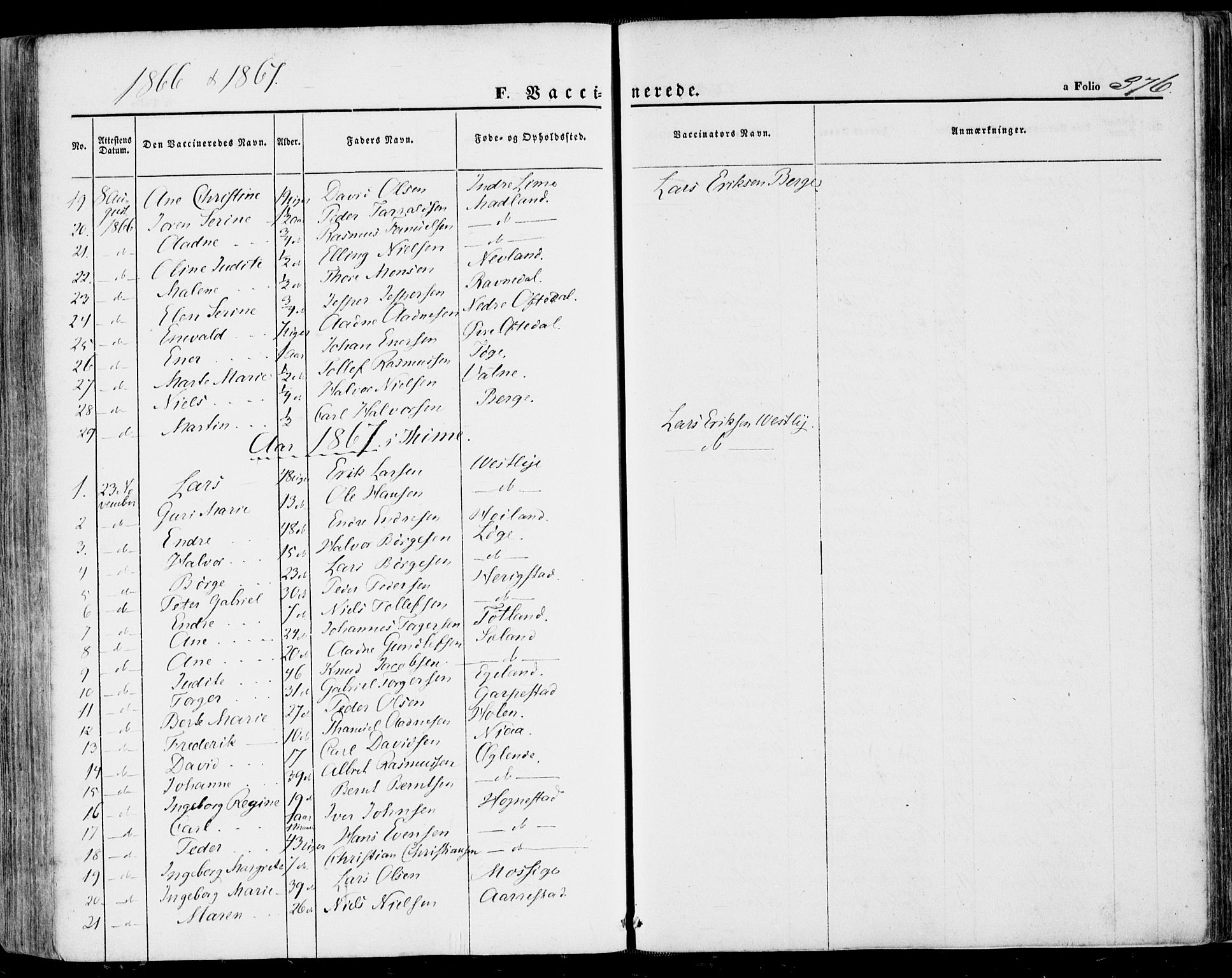 Lye sokneprestkontor, SAST/A-101794/001/30BA/L0007: Parish register (official) no. A 6, 1856-1871, p. 376