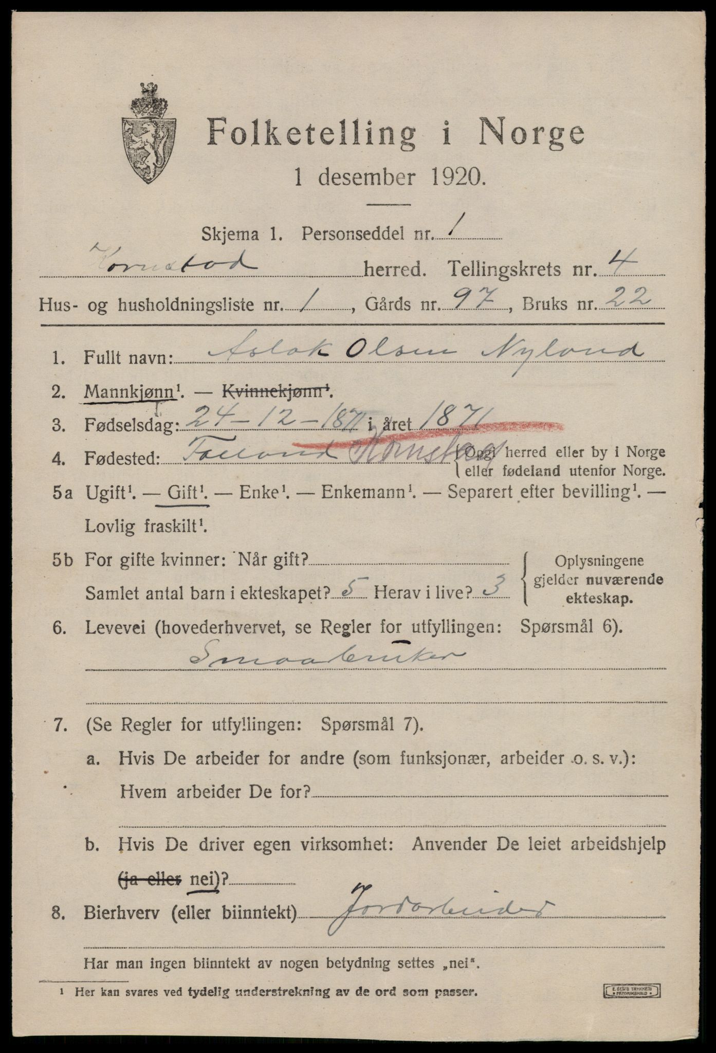 SAT, 1920 census for Kornstad, 1920, p. 2501