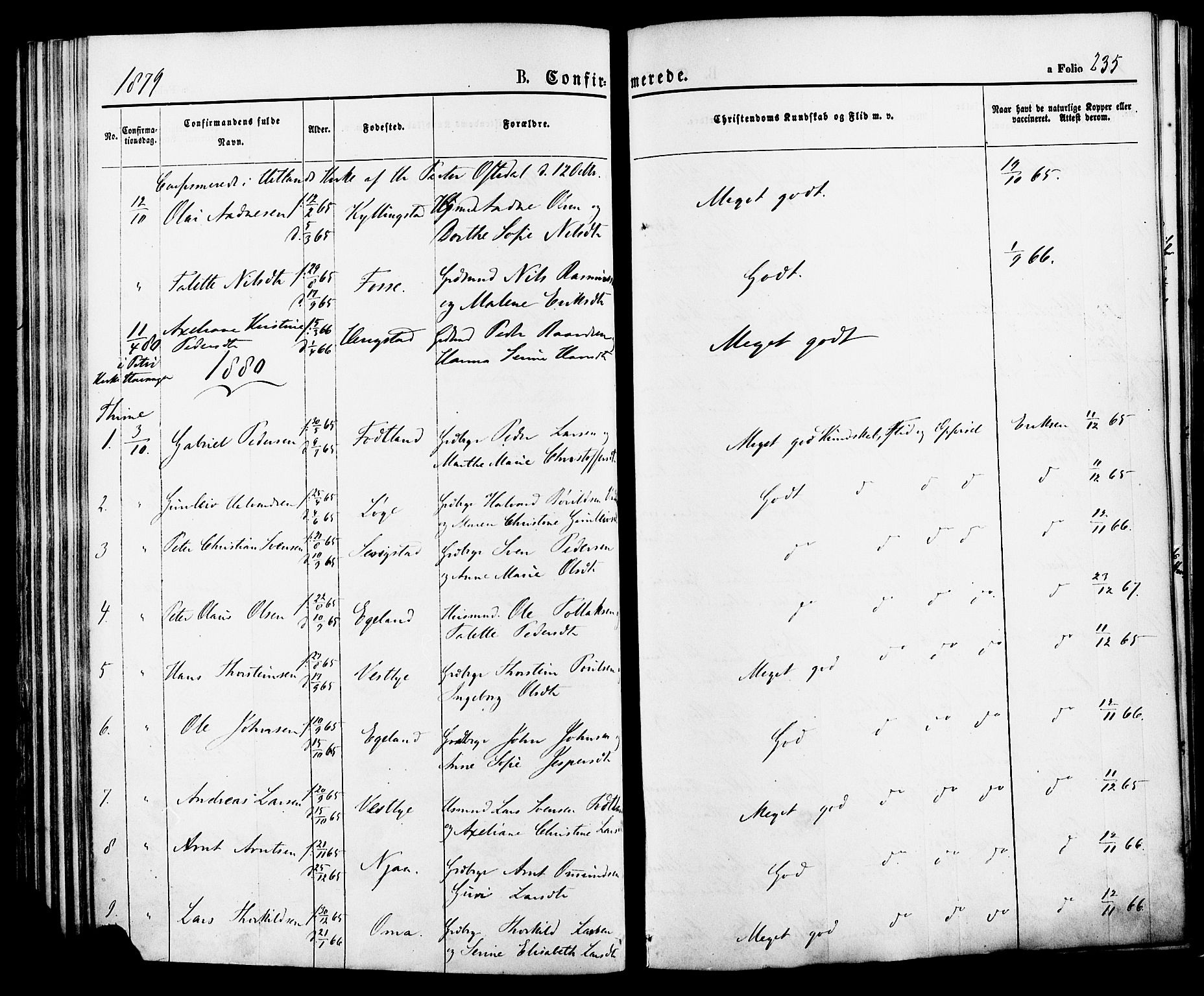 Lye sokneprestkontor, SAST/A-101794/001/30BA/L0008: Parish register (official) no. A 7, 1872-1881, p. 235
