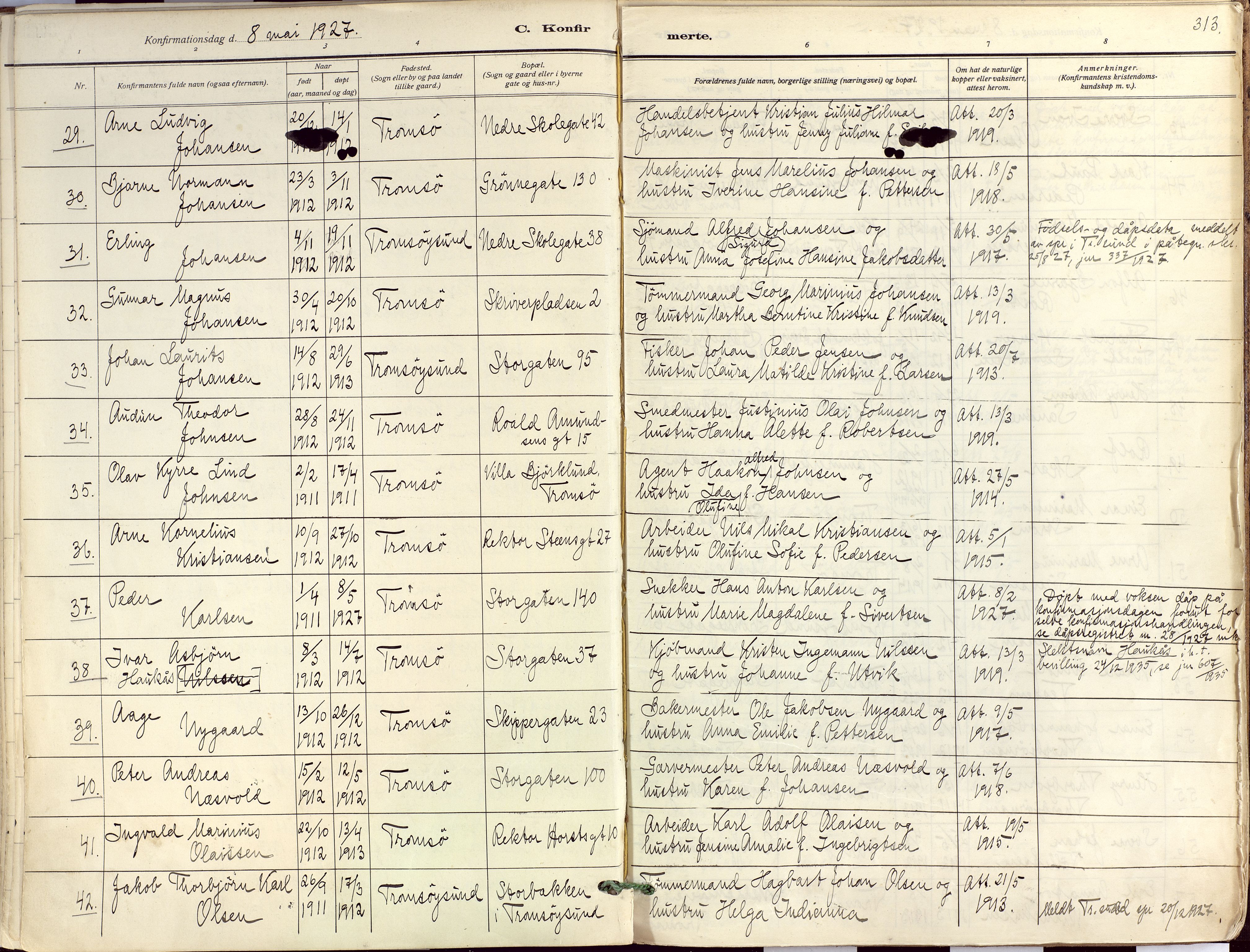 Tromsø sokneprestkontor/stiftsprosti/domprosti, SATØ/S-1343/G/Ga/L0019kirke: Parish register (official) no. 19, 1917-1927, p. 313