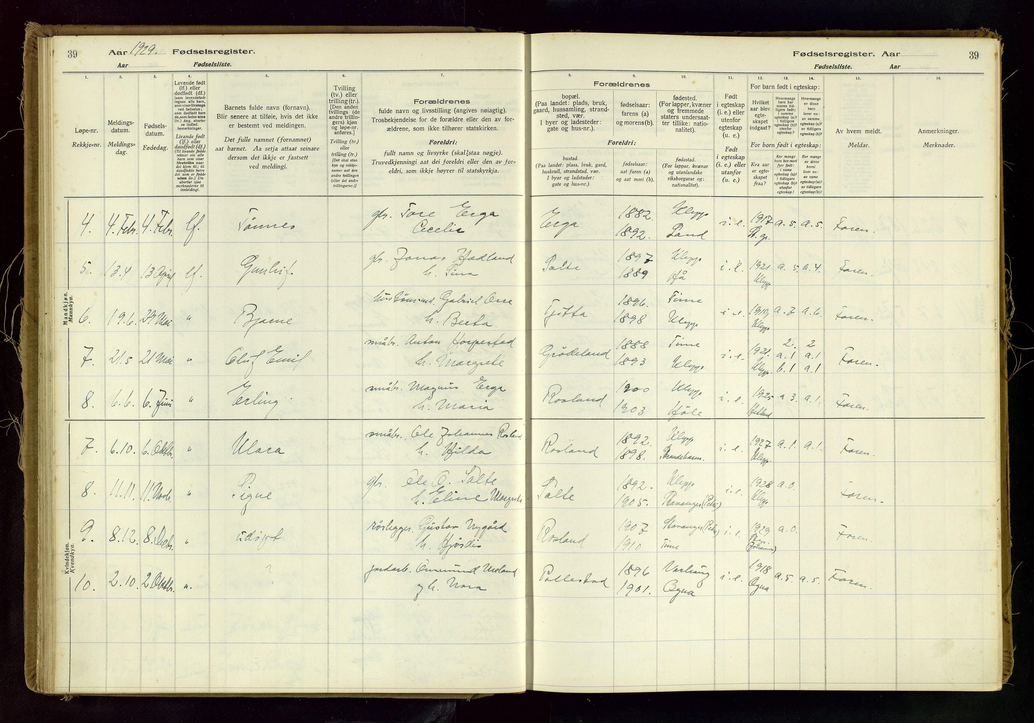 Klepp sokneprestkontor, AV/SAST-A-101803/001/704BAC/L0001: Birth register no. 1, 1916-1982, p. 39