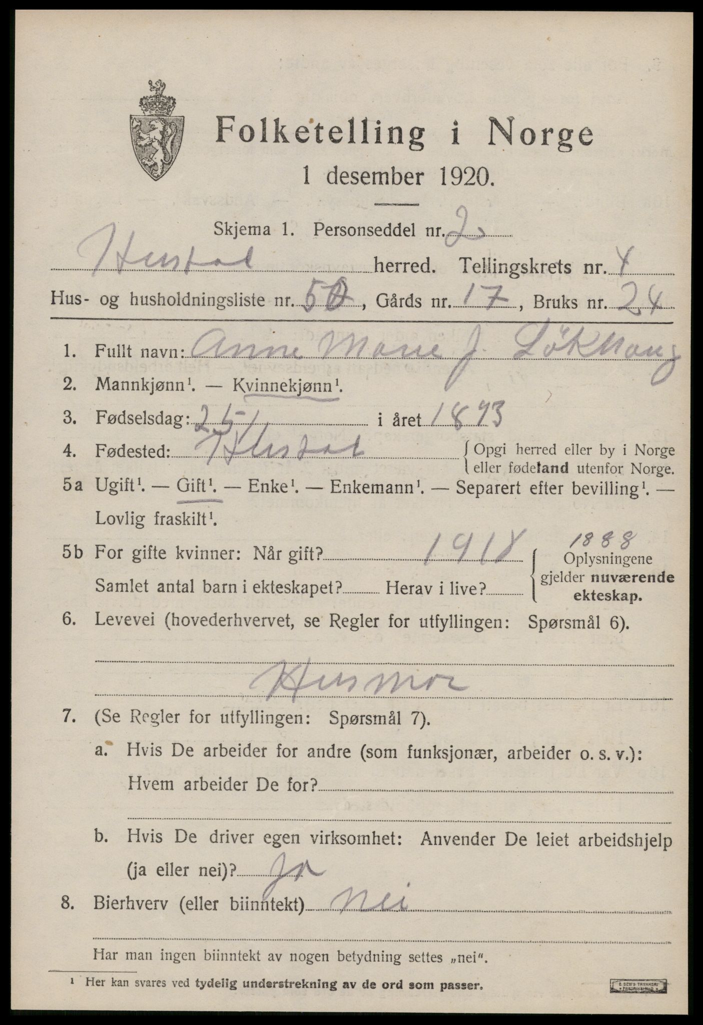 SAT, 1920 census for Hustad, 1920, p. 3485