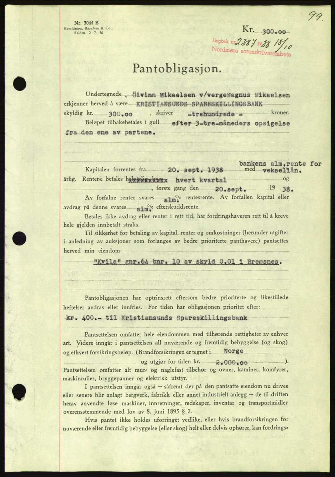Nordmøre sorenskriveri, SAT/A-4132/1/2/2Ca: Mortgage book no. B84, 1938-1939, Diary no: : 2387/1938