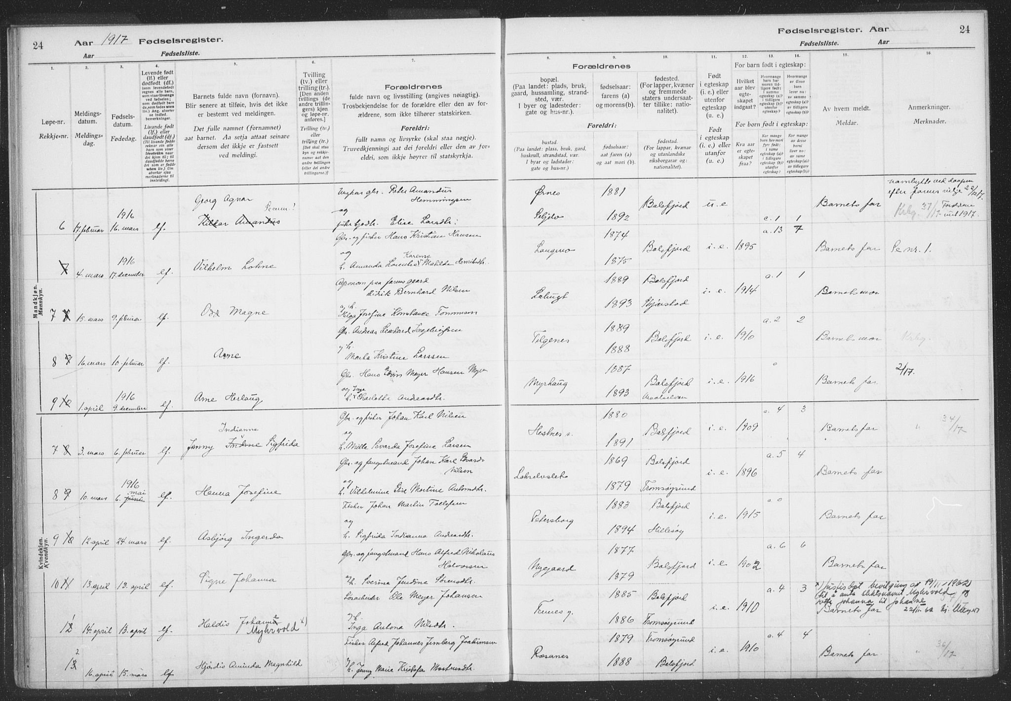 Balsfjord sokneprestembete, SATØ/S-1303/H/Hb/L0059: Birth register no. 59, 1916-1930, p. 24