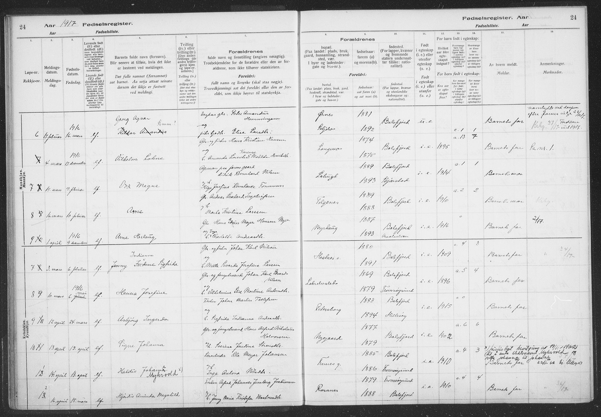 Balsfjord sokneprestembete, AV/SATØ-S-1303/H/Hb/L0059: Birth register no. 59, 1916-1930, p. 24