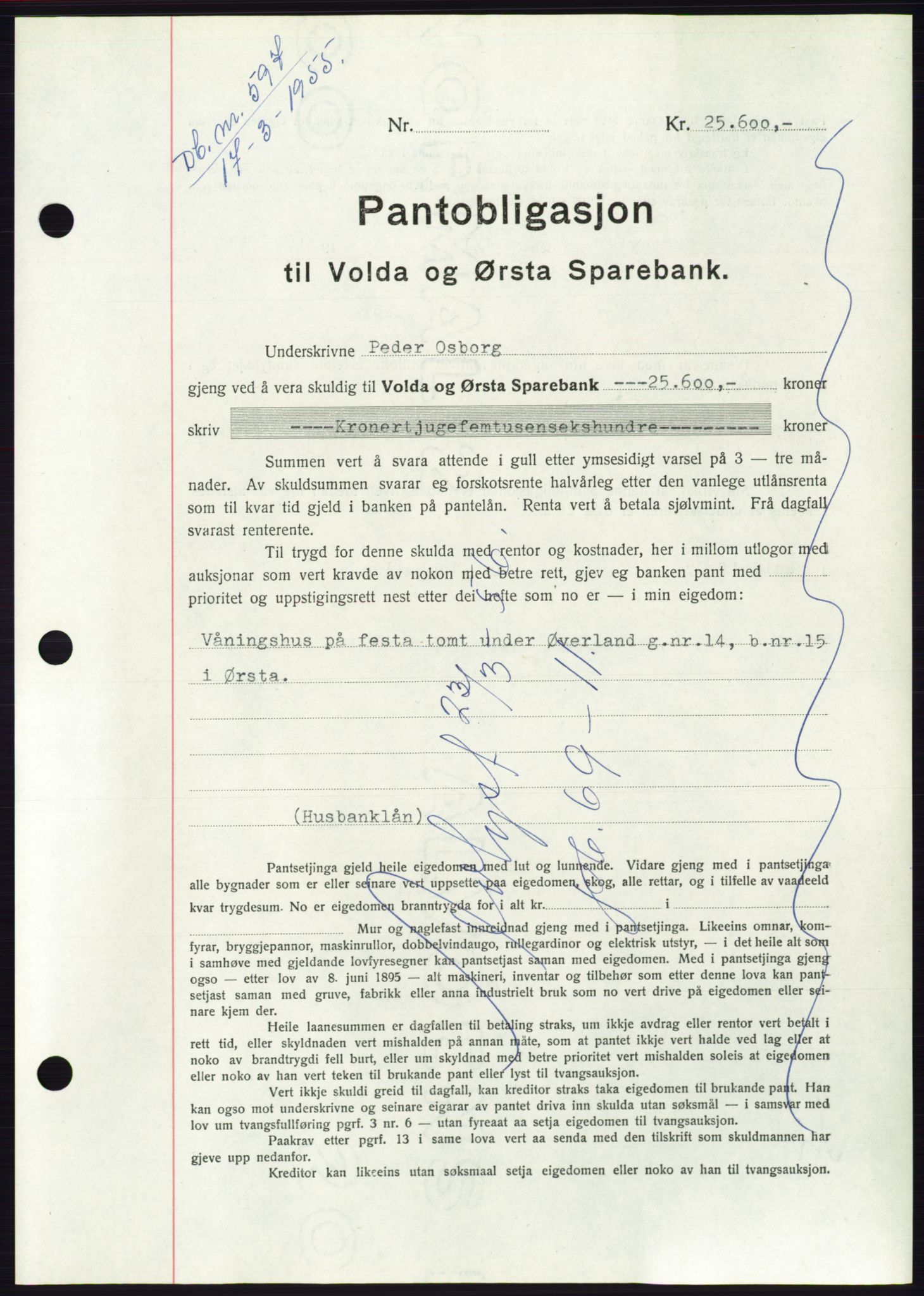 Søre Sunnmøre sorenskriveri, AV/SAT-A-4122/1/2/2C/L0126: Mortgage book no. 14B, 1954-1955, Diary no: : 597/1955