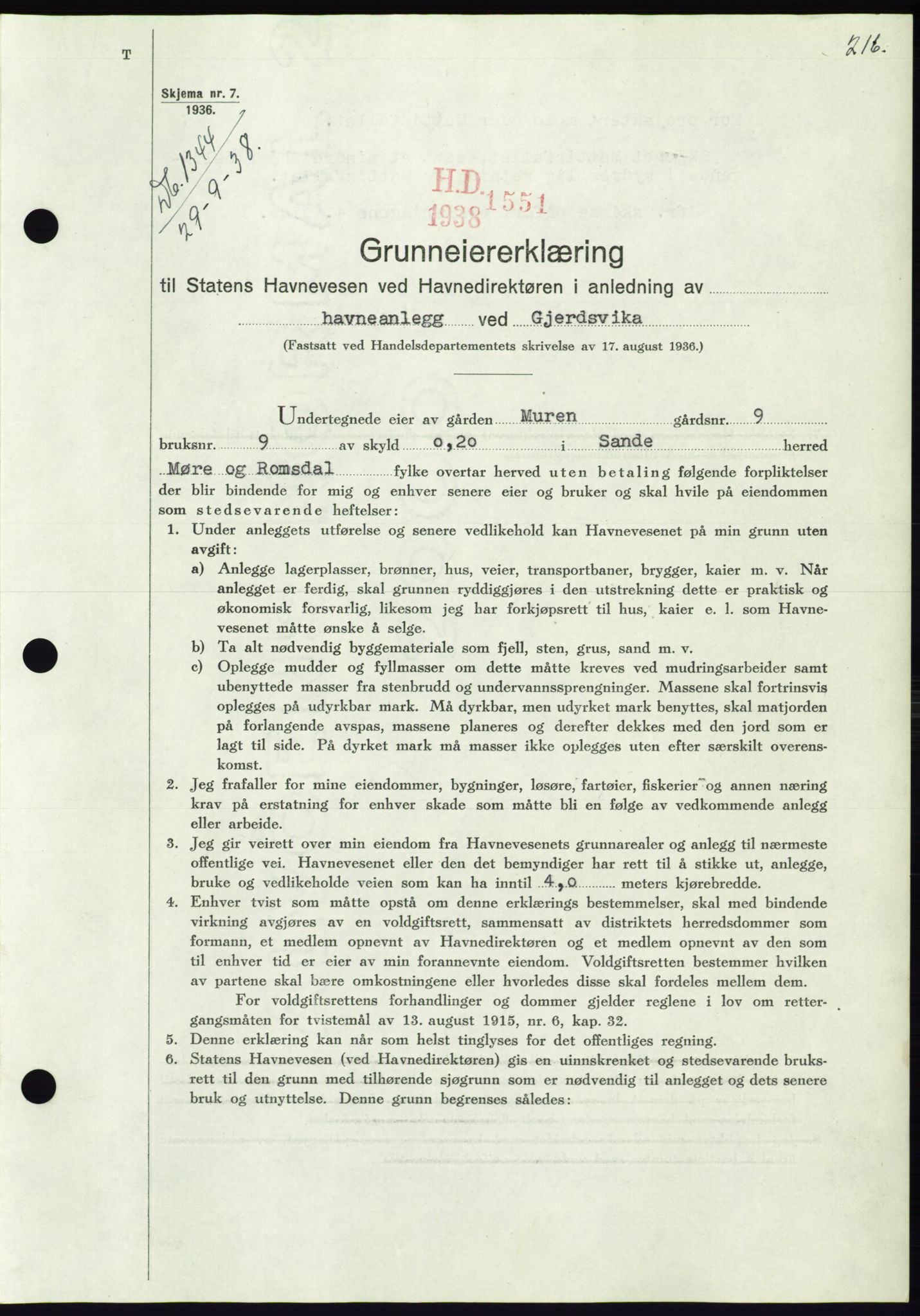 Søre Sunnmøre sorenskriveri, AV/SAT-A-4122/1/2/2C/L0066: Mortgage book no. 60, 1938-1938, Diary no: : 1344/1938