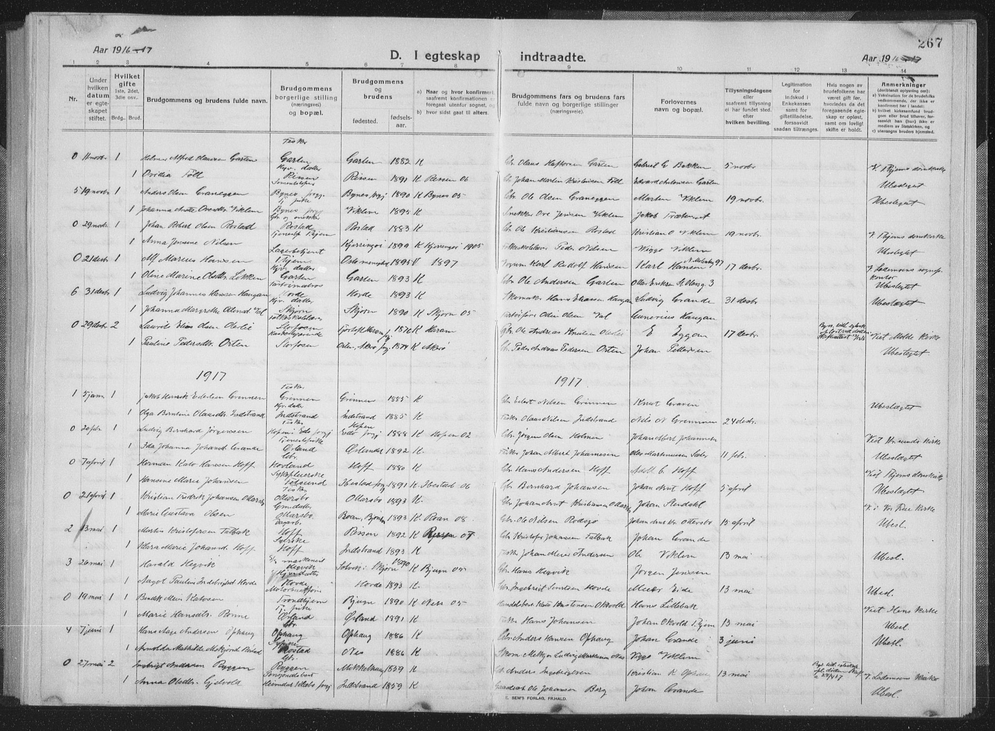 Ministerialprotokoller, klokkerbøker og fødselsregistre - Sør-Trøndelag, AV/SAT-A-1456/659/L0747: Parish register (copy) no. 659C04, 1913-1938, p. 267