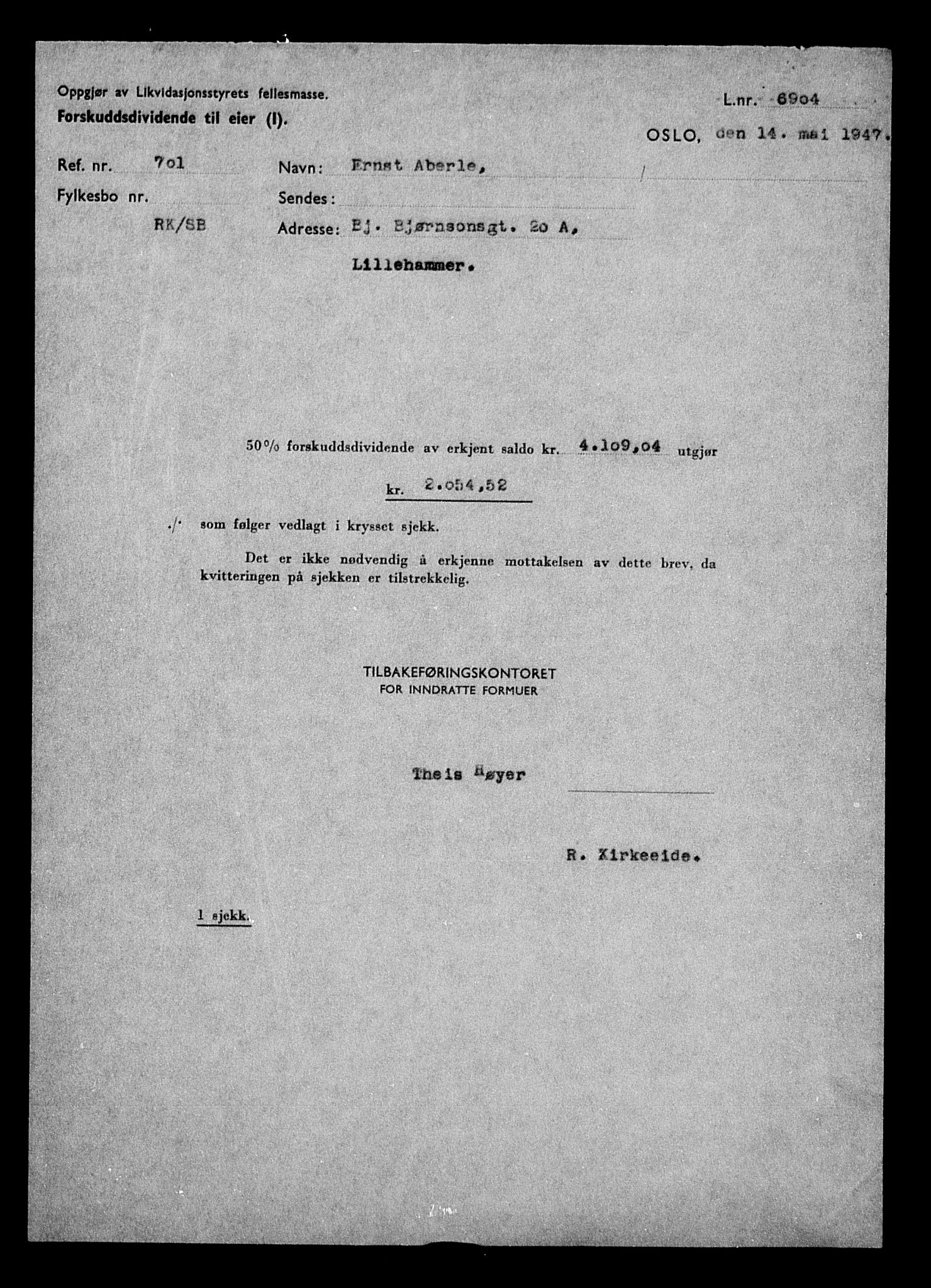 Justisdepartementet, Tilbakeføringskontoret for inndratte formuer, AV/RA-S-1564/H/Hc/Hcd/L0989: --, 1945-1947, p. 7