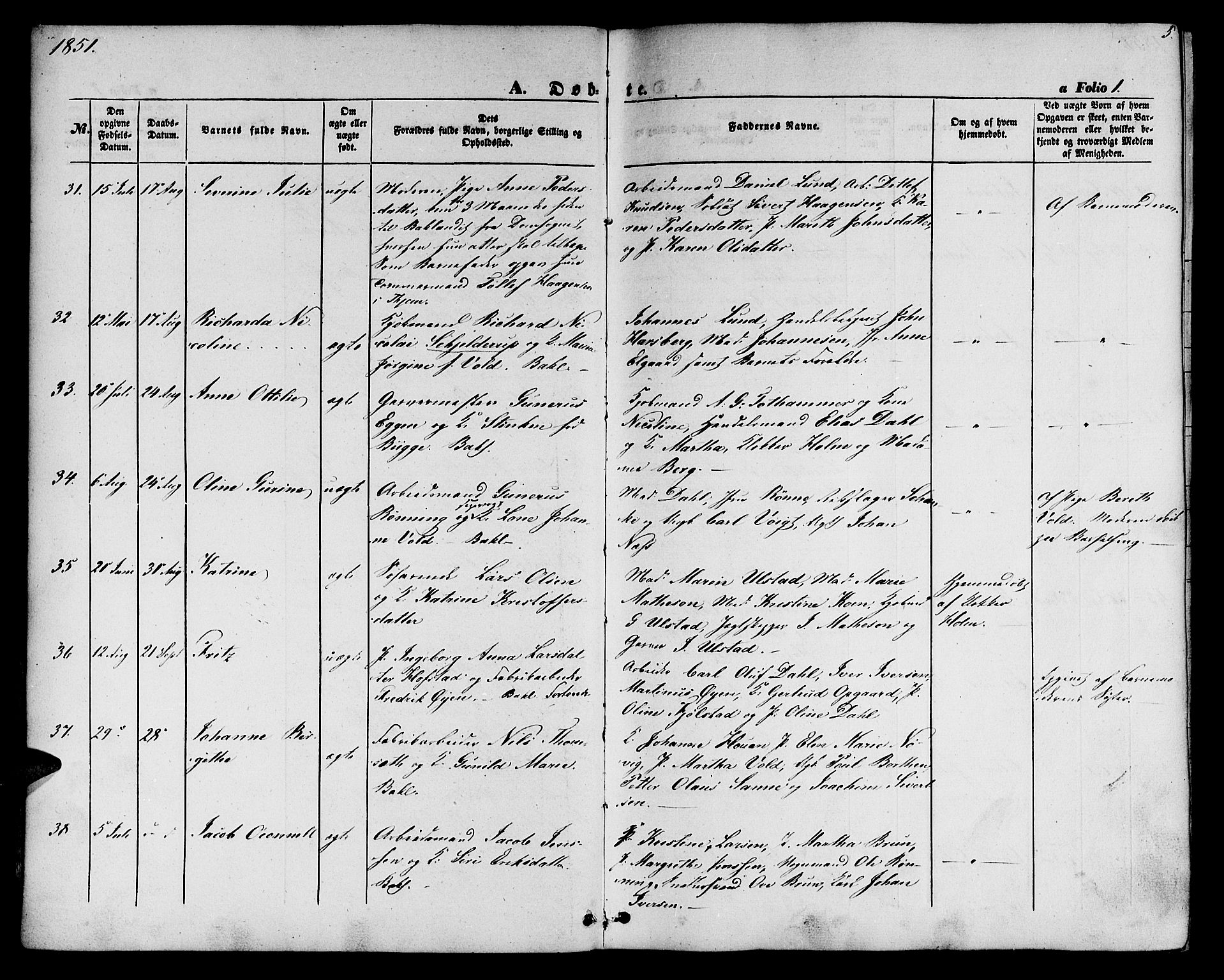 Ministerialprotokoller, klokkerbøker og fødselsregistre - Sør-Trøndelag, AV/SAT-A-1456/604/L0184: Parish register (official) no. 604A05, 1851-1860, p. 5