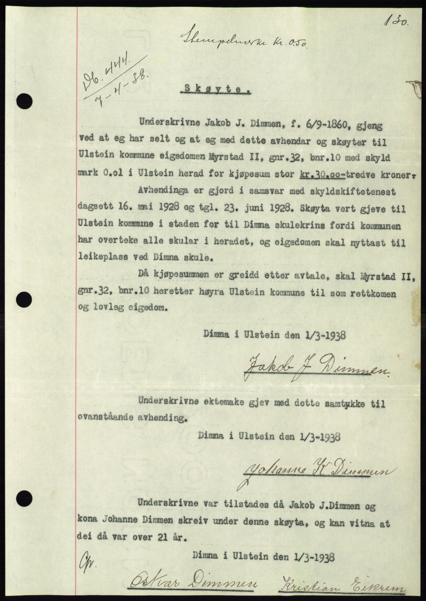 Søre Sunnmøre sorenskriveri, AV/SAT-A-4122/1/2/2C/L0065: Mortgage book no. 59, 1938-1938, Diary no: : 444/1938