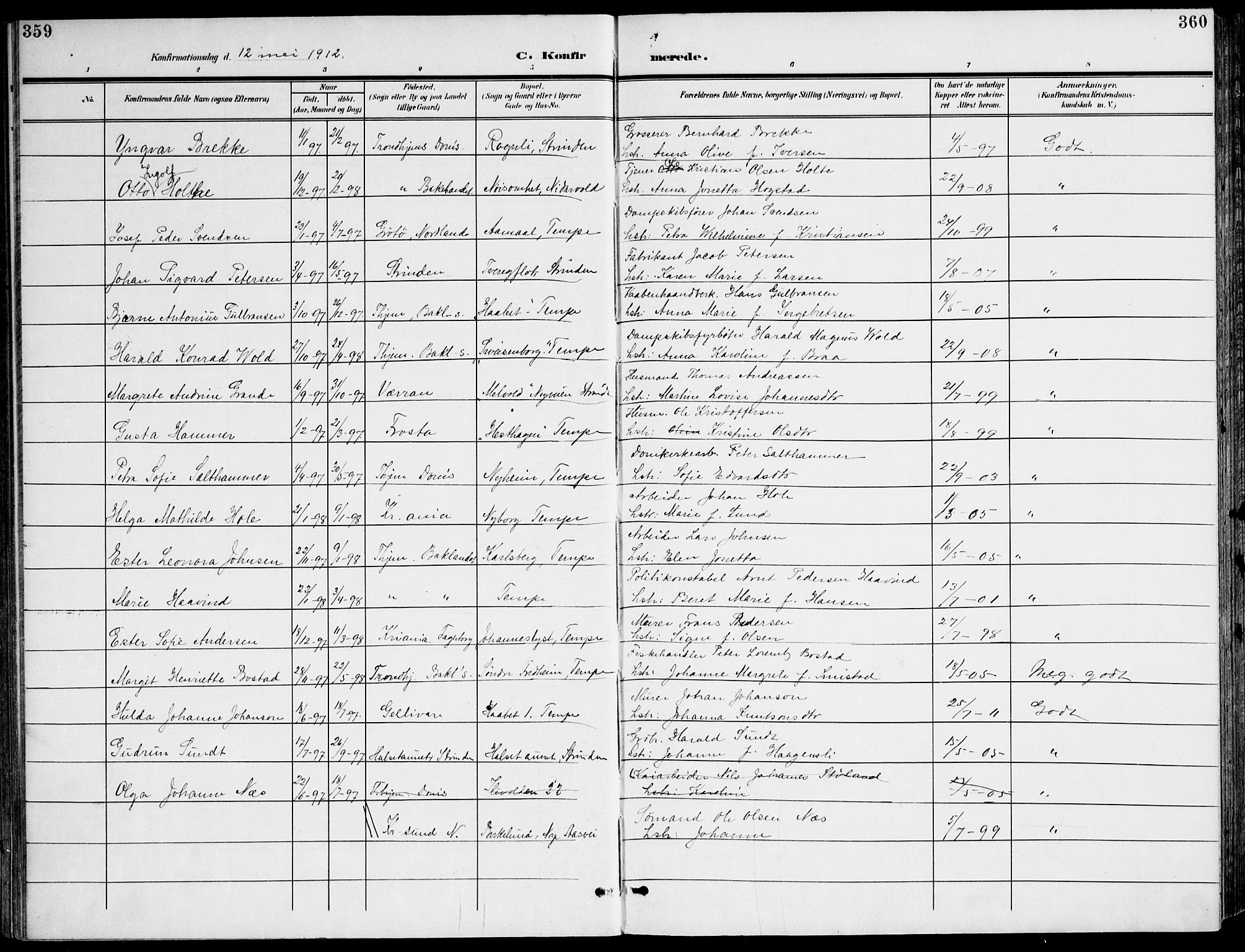 Ministerialprotokoller, klokkerbøker og fødselsregistre - Sør-Trøndelag, AV/SAT-A-1456/607/L0320: Parish register (official) no. 607A04, 1907-1915, p. 359-360