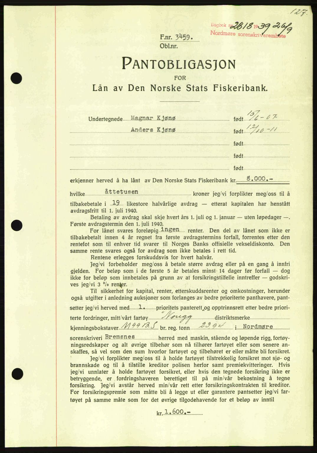 Nordmøre sorenskriveri, AV/SAT-A-4132/1/2/2Ca: Mortgage book no. B86, 1939-1940, Diary no: : 2818/1939