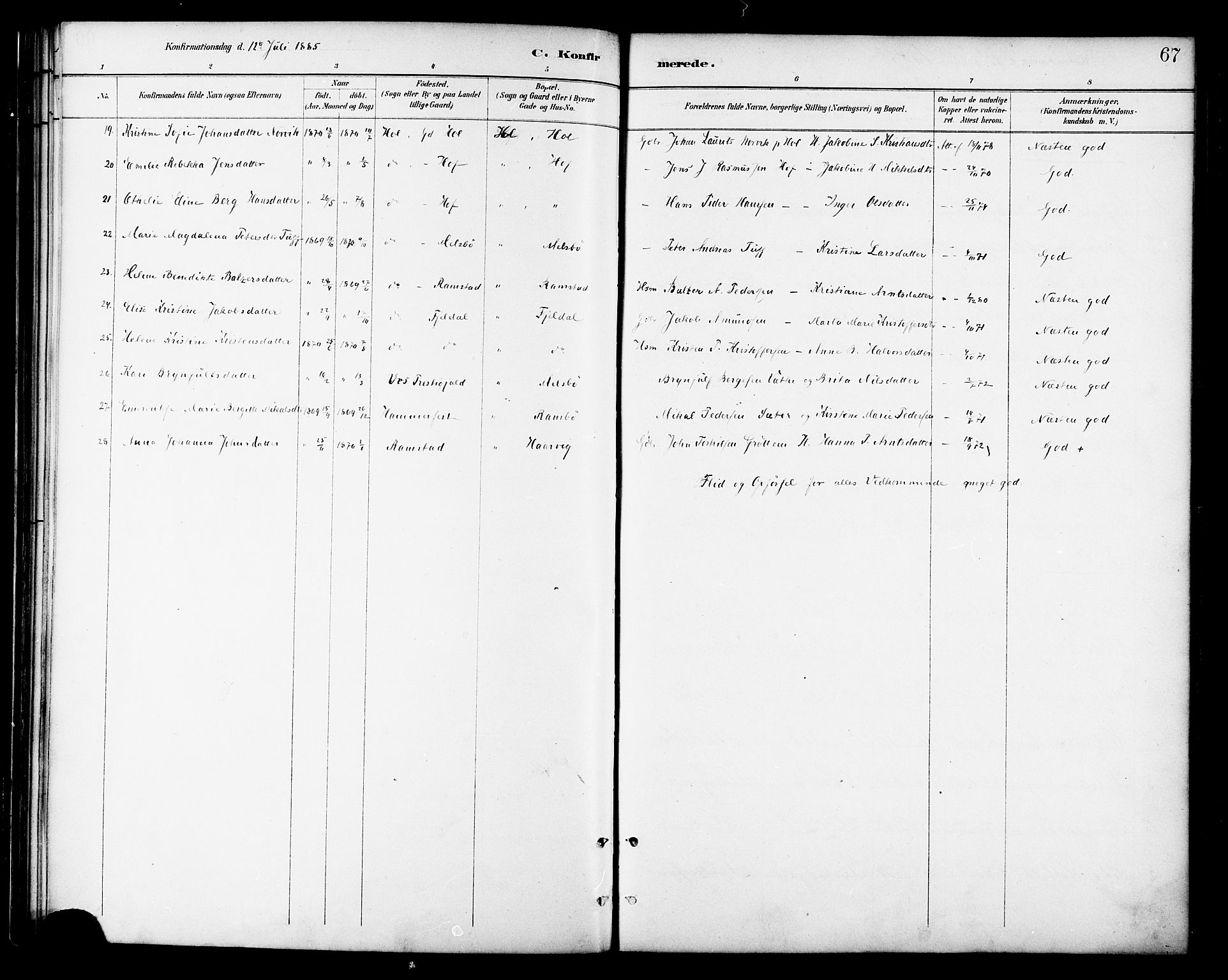 Ministerialprotokoller, klokkerbøker og fødselsregistre - Nordland, AV/SAT-A-1459/865/L0924: Parish register (official) no. 865A02, 1885-1896, p. 67