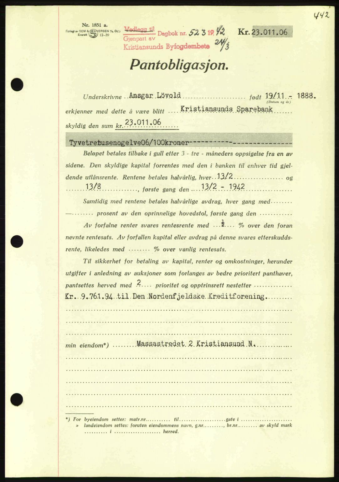 Kristiansund byfogd, AV/SAT-A-4587/A/27: Mortgage book no. 35, 1941-1942, Diary no: : 523/1942