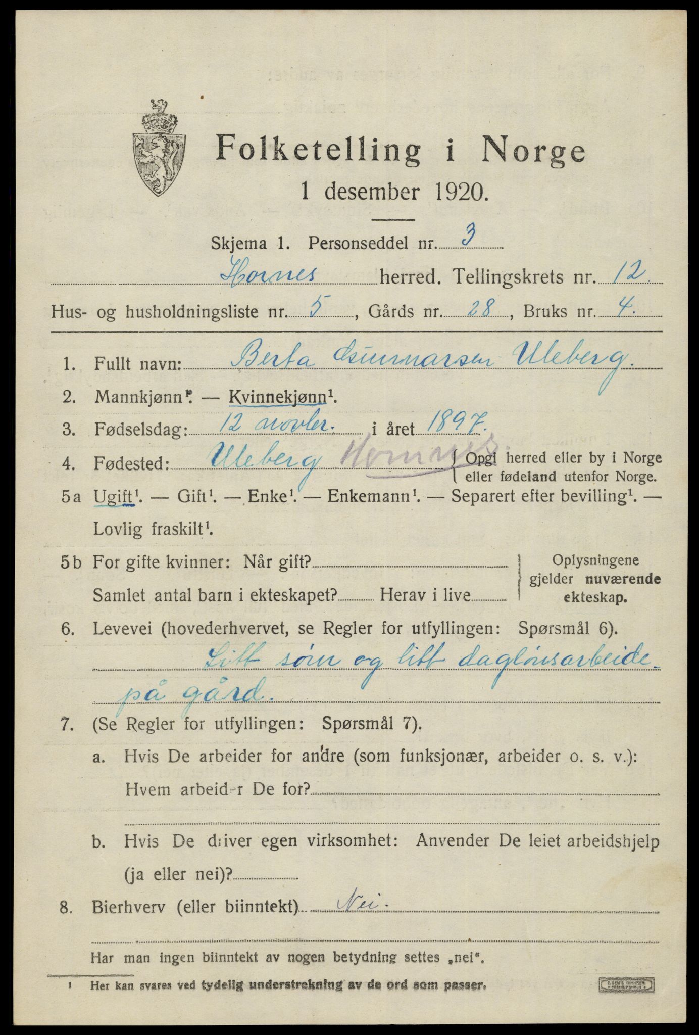 SAK, 1920 census for Hornnes, 1920, p. 2923