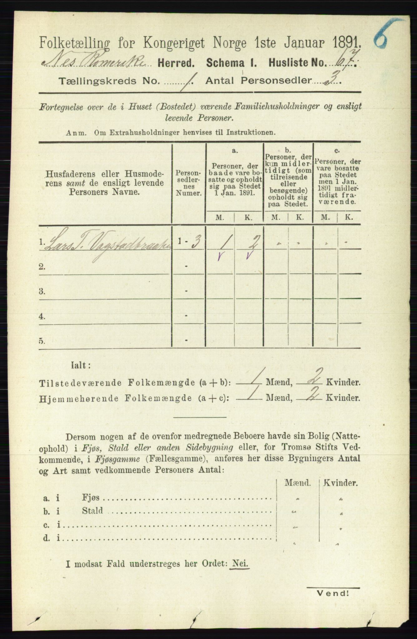 RA, 1891 census for 0236 Nes, 1891, p. 111