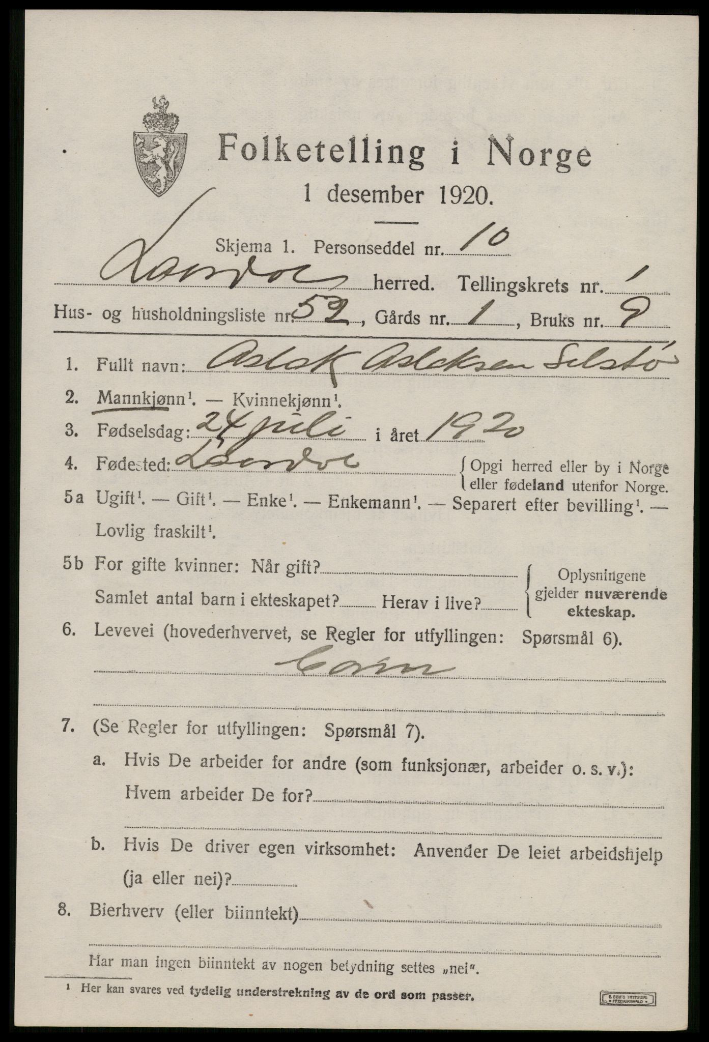 SAKO, 1920 census for Lårdal, 1920, p. 1187