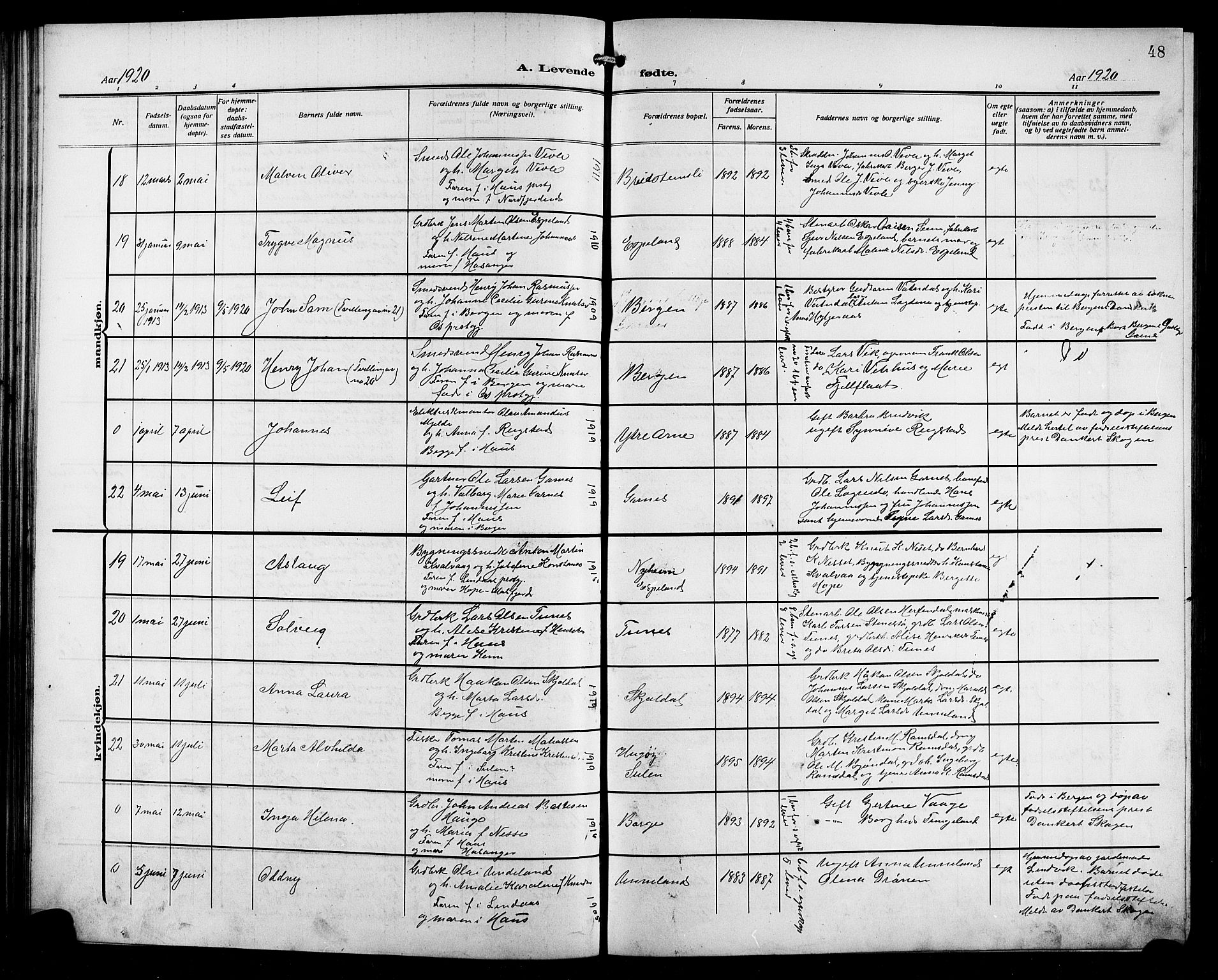 Arna Sokneprestembete, AV/SAB-A-74001/H/Ha/Hab: Parish register (copy) no. A 5, 1911-1921, p. 48