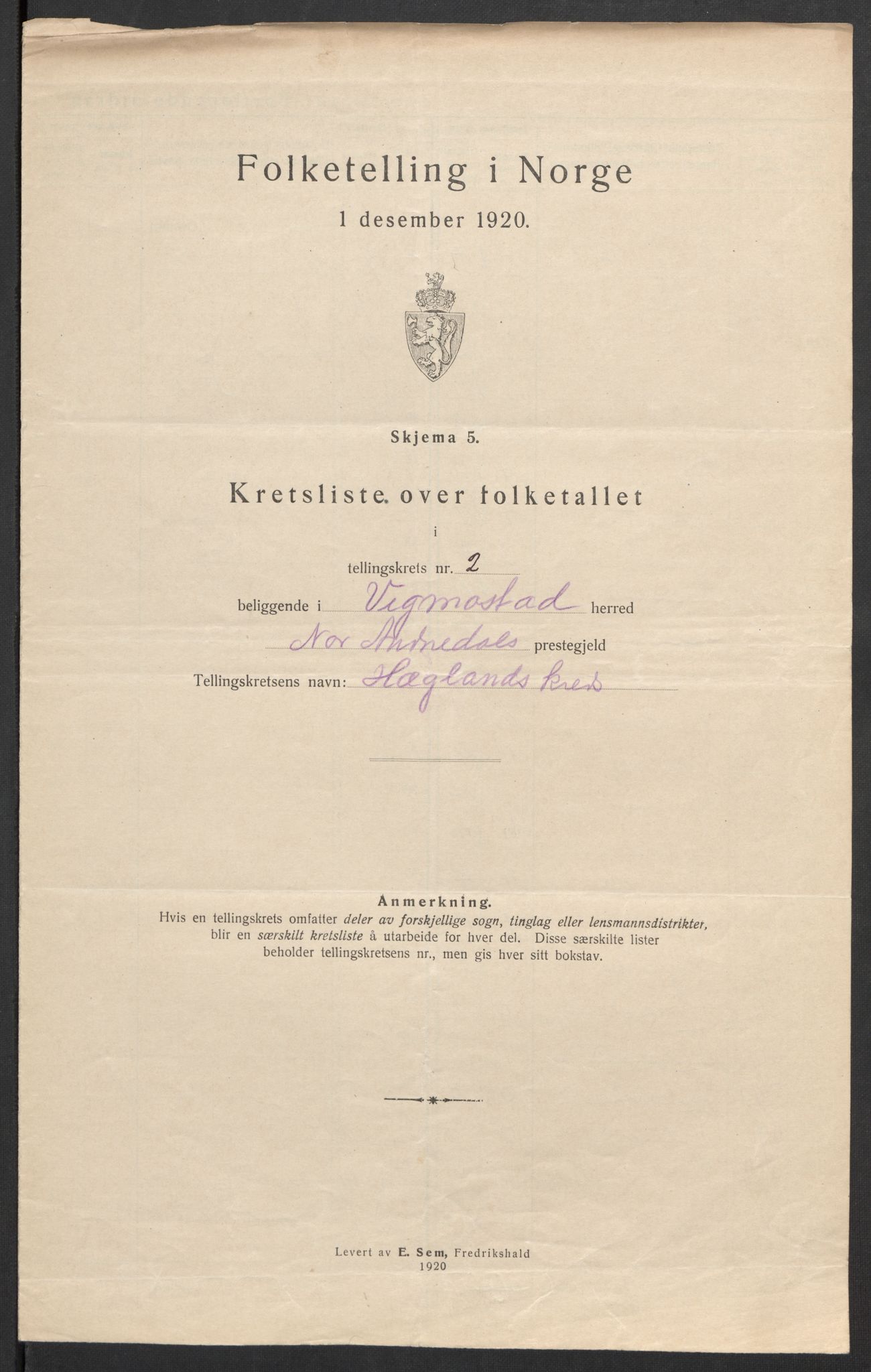 SAK, 1920 census for Vigmostad, 1920, p. 14