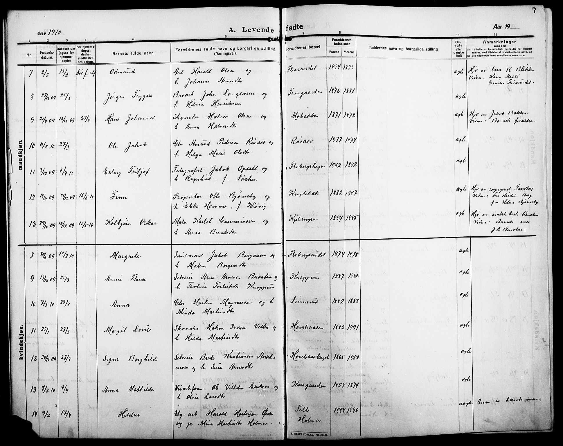 Åsnes prestekontor, AV/SAH-PREST-042/H/Ha/Hab/L0007: Parish register (copy) no. 7, 1909-1926, p. 7