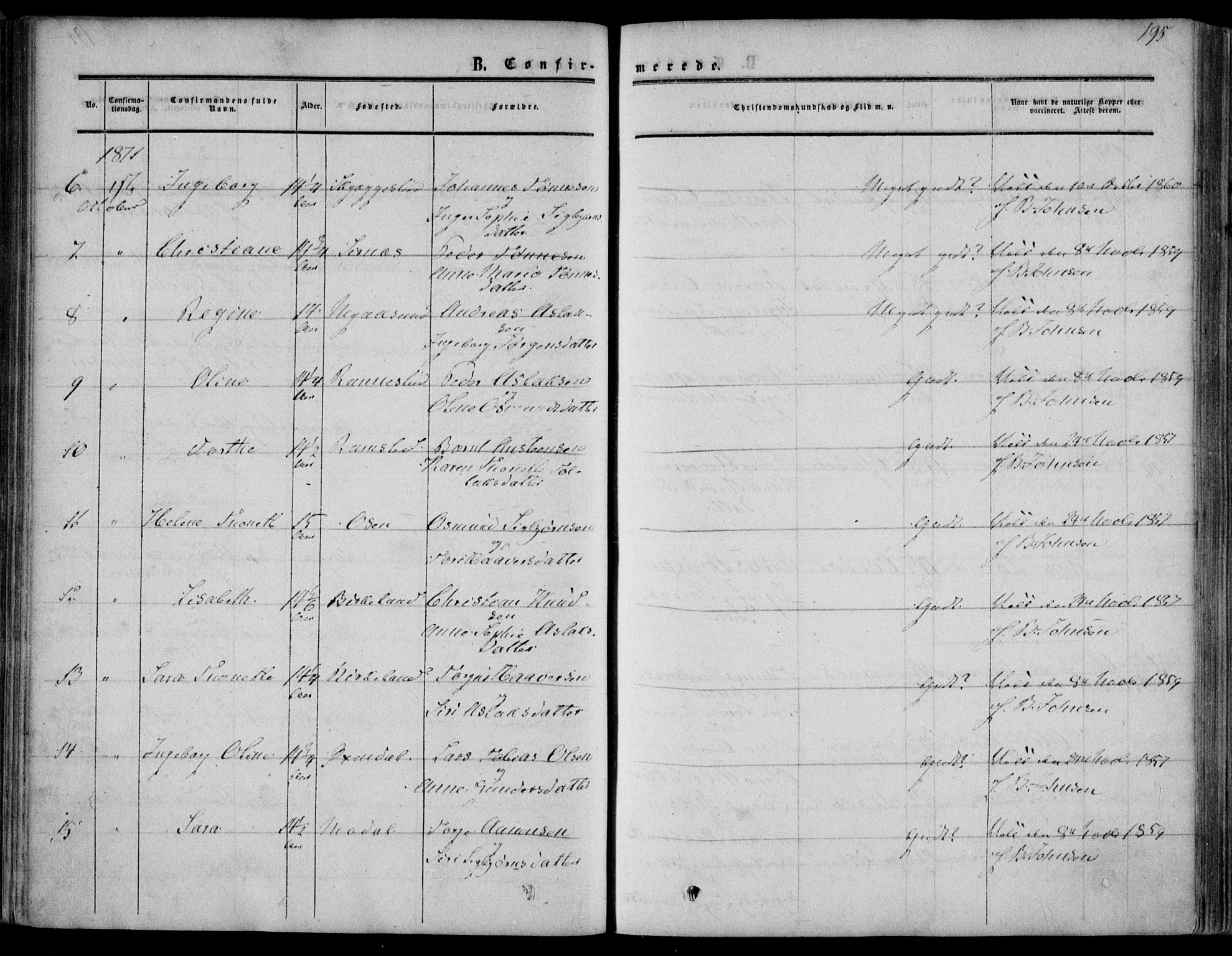 Bakke sokneprestkontor, AV/SAK-1111-0002/F/Fa/Faa/L0006: Parish register (official) no. A 6, 1855-1877, p. 195