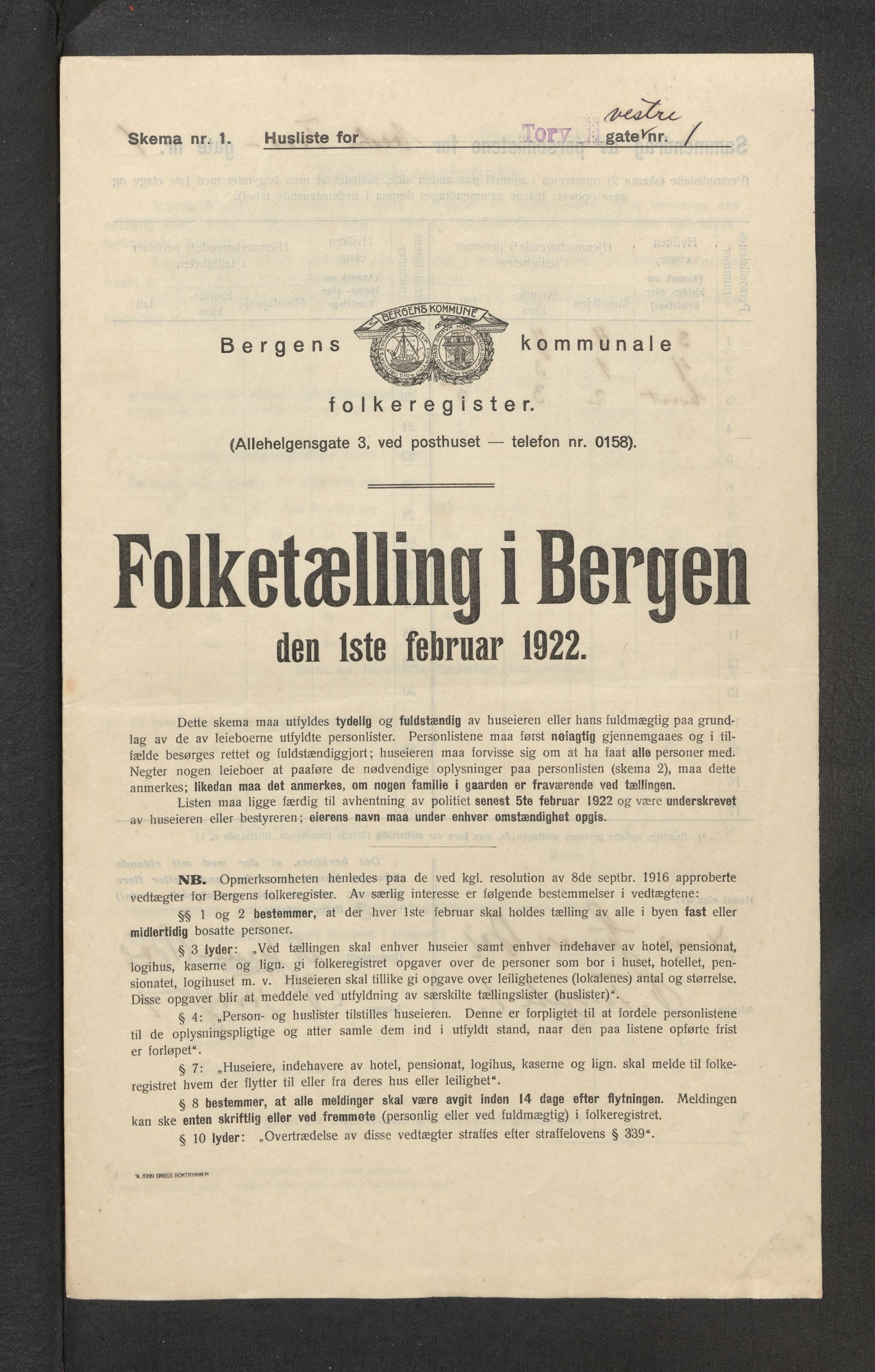 SAB, Municipal Census 1922 for Bergen, 1922, p. 44571