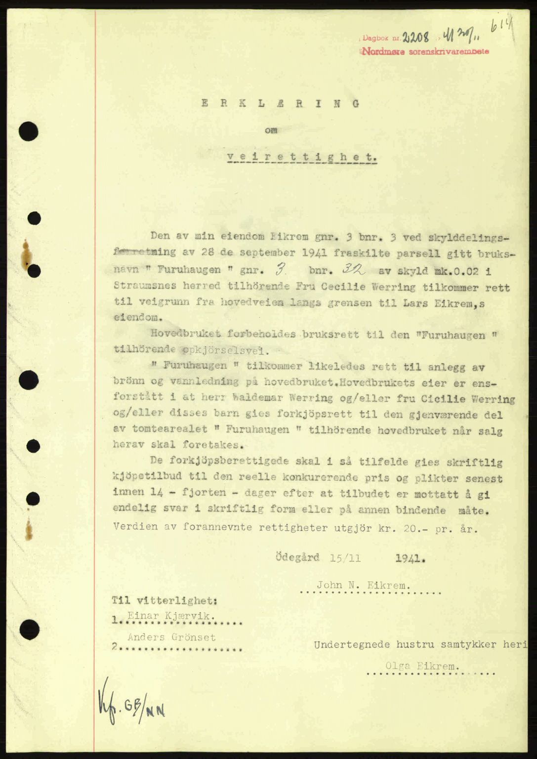 Nordmøre sorenskriveri, AV/SAT-A-4132/1/2/2Ca: Mortgage book no. B88, 1941-1942, Diary no: : 2208/1941