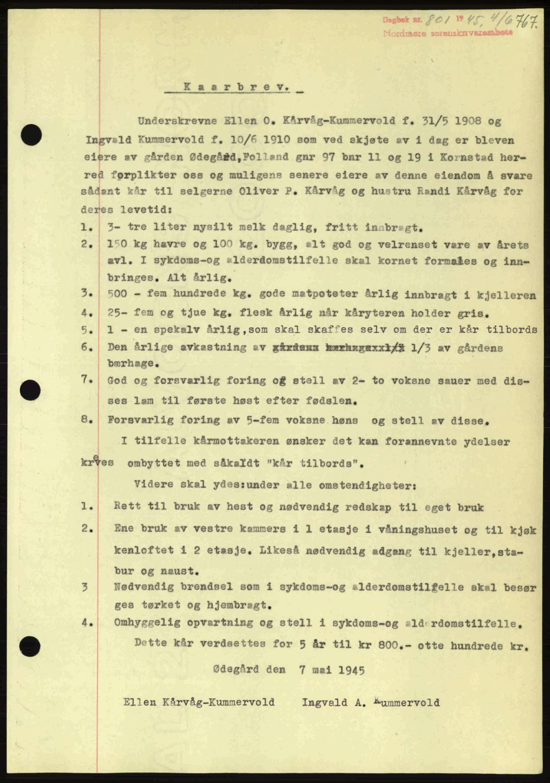 Nordmøre sorenskriveri, AV/SAT-A-4132/1/2/2Ca: Mortgage book no. B92, 1944-1945, Diary no: : 801/1945