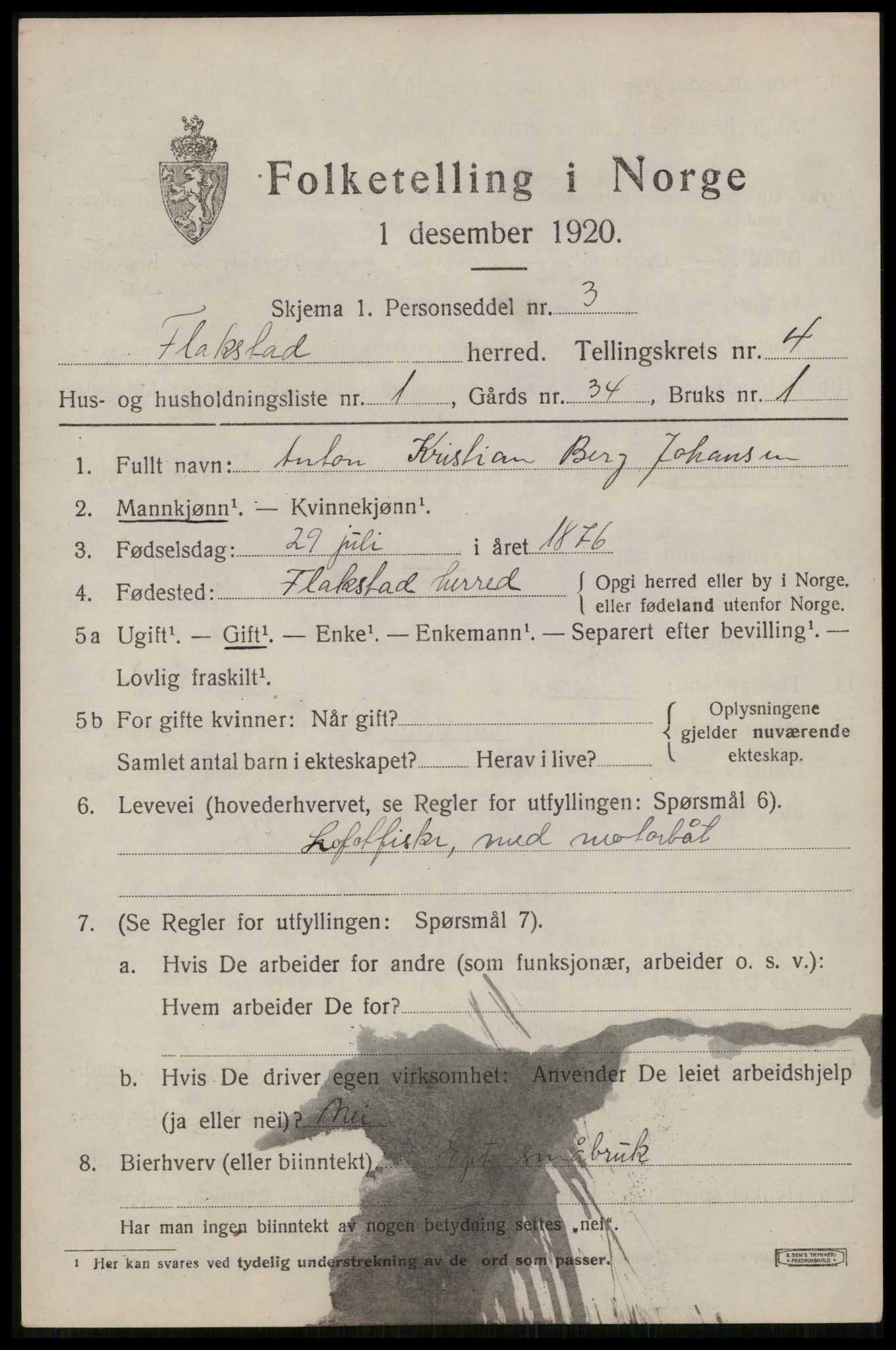 SAT, 1920 census for Flakstad, 1920, p. 2827