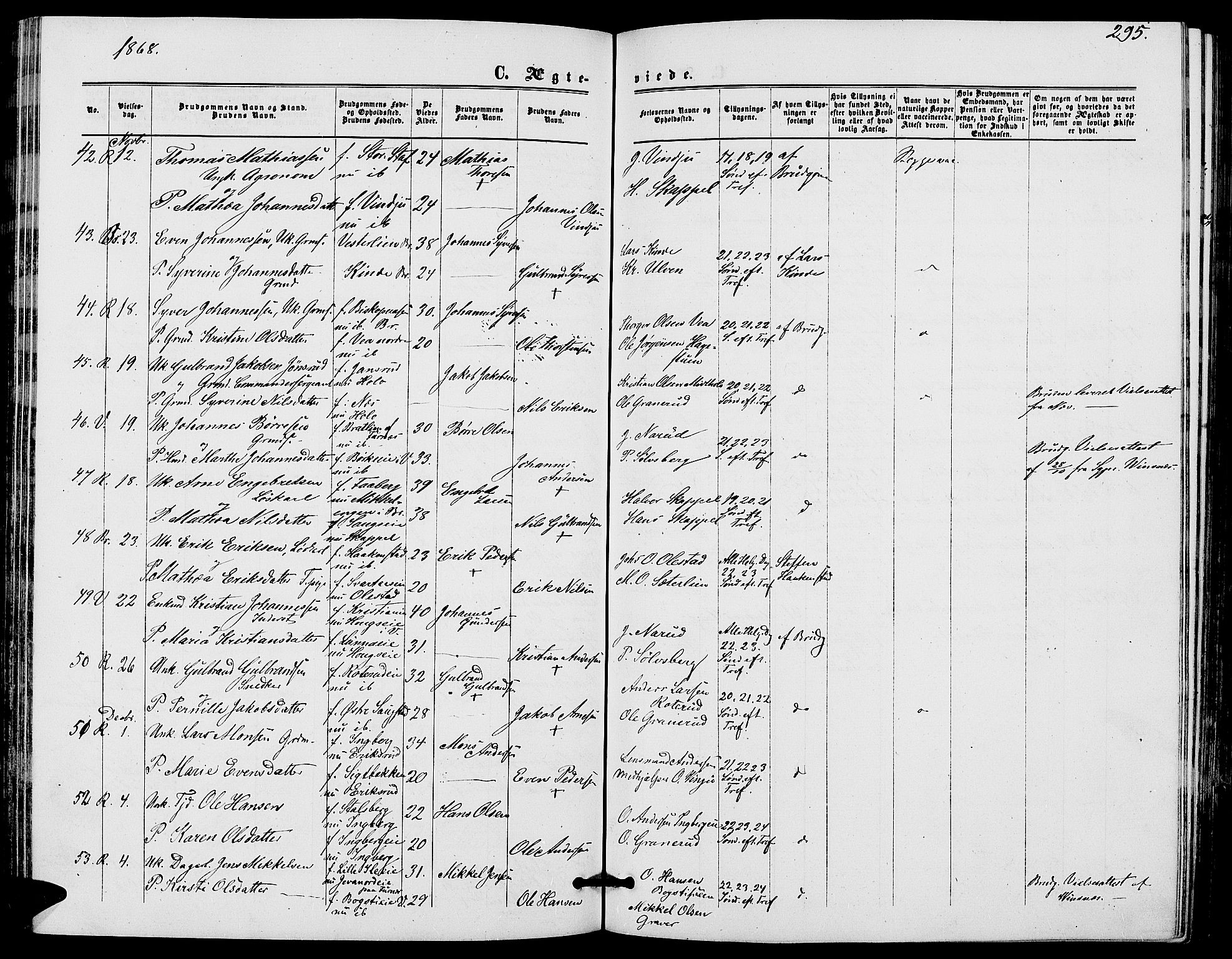 Ringsaker prestekontor, AV/SAH-PREST-014/L/La/L0007: Parish register (copy) no. 7, 1861-1869, p. 295