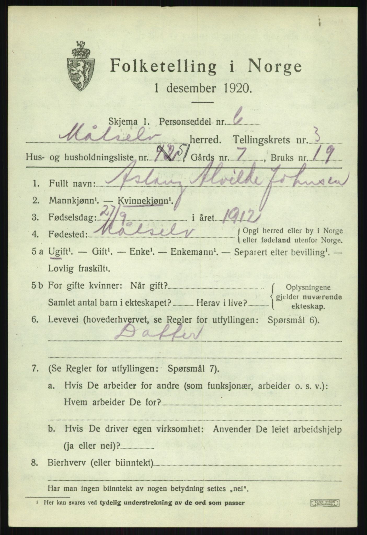 SATØ, 1920 census for Målselv, 1920, p. 2801