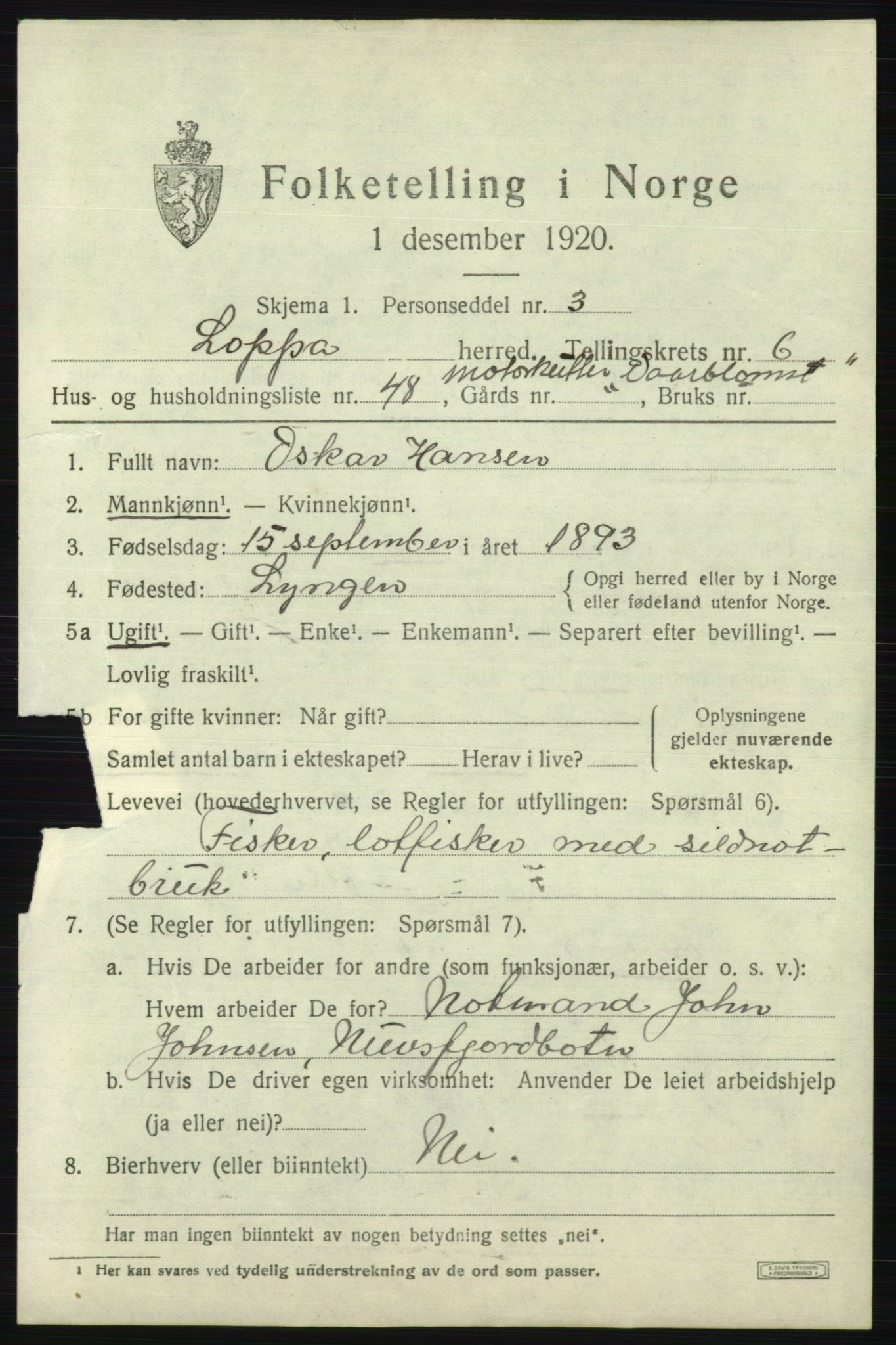 SATØ, 1920 census for Loppa, 1920, p. 3072