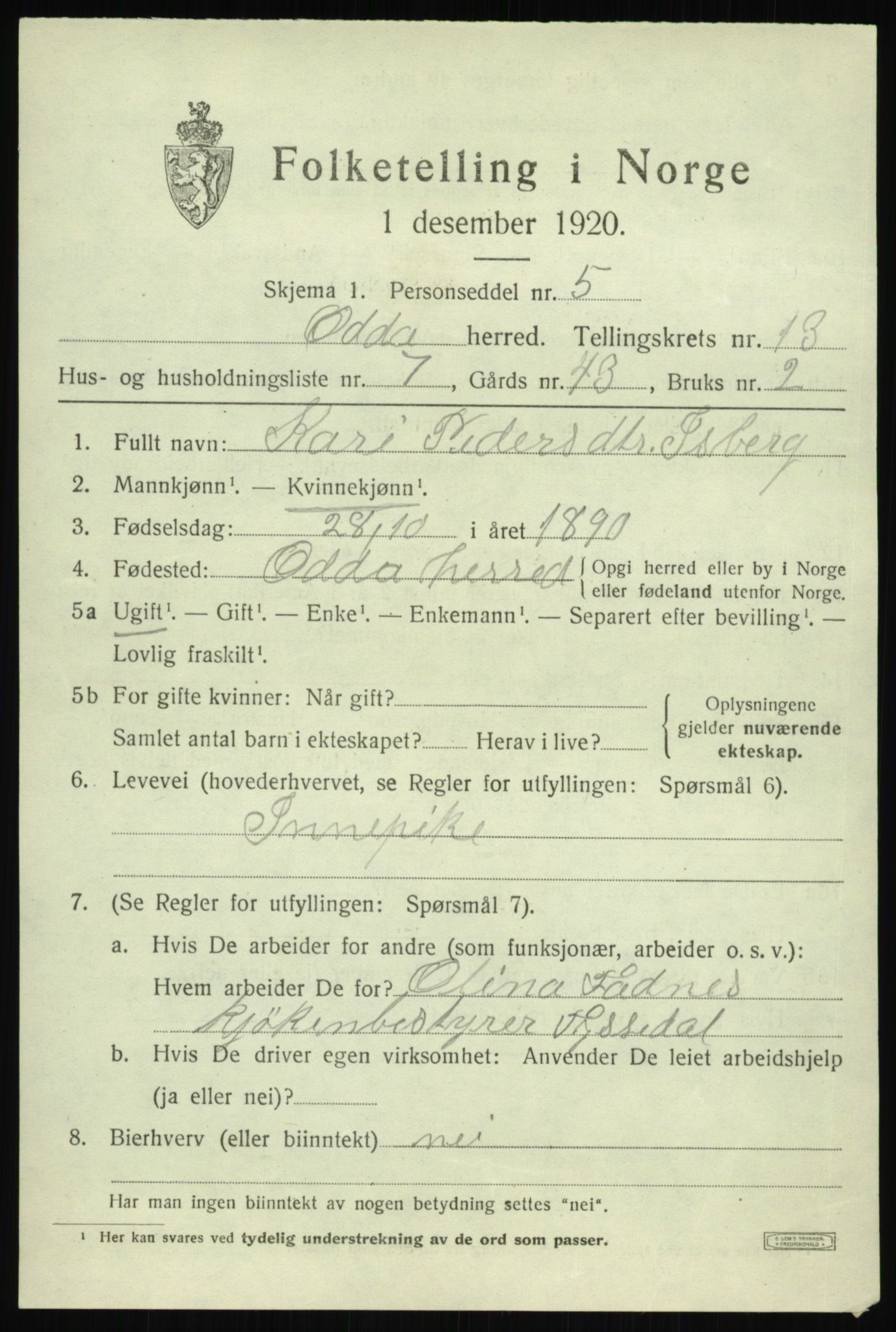 SAB, 1920 census for Odda, 1920, p. 11941