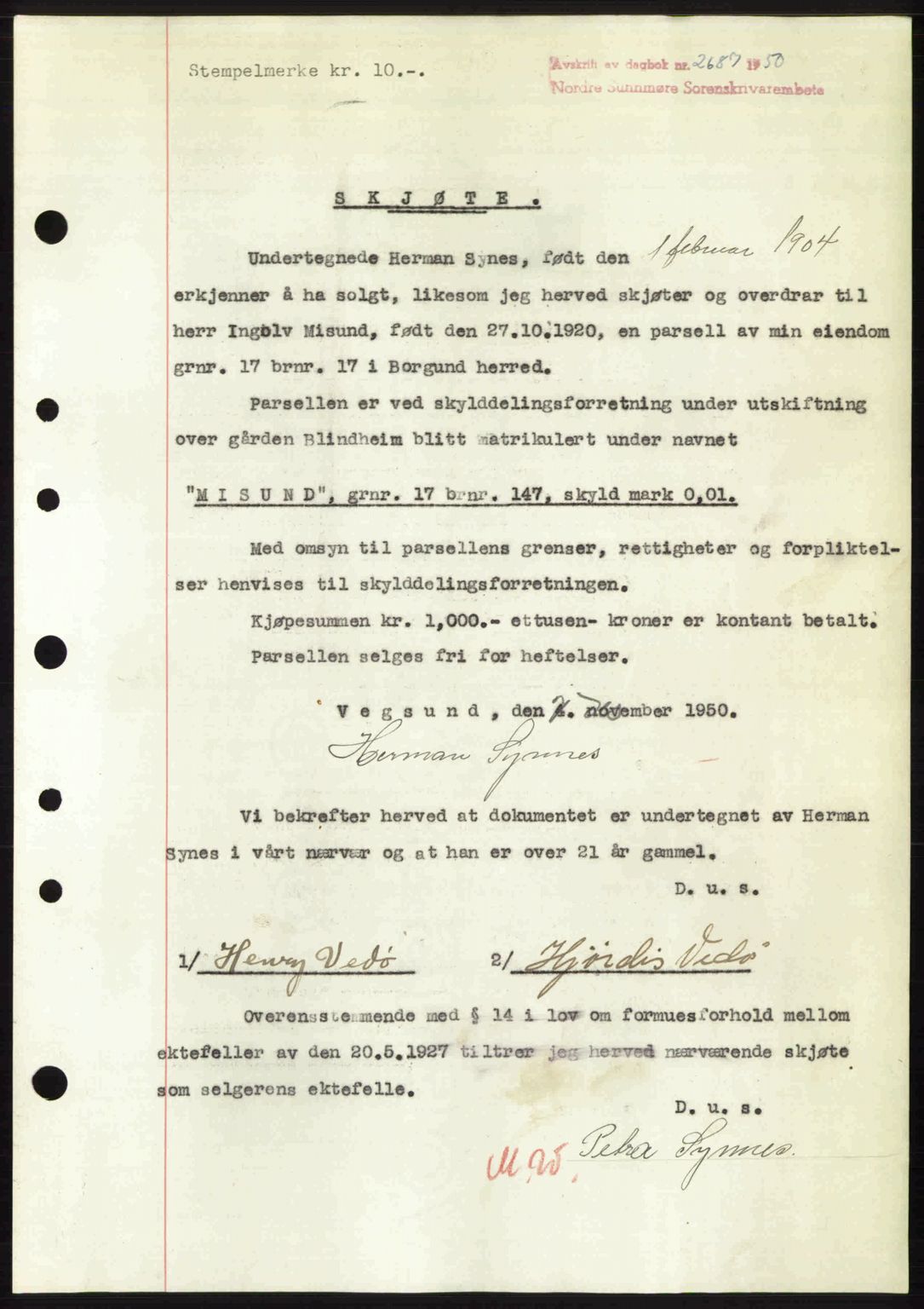Nordre Sunnmøre sorenskriveri, SAT/A-0006/1/2/2C/2Ca: Mortgage book no. A36, 1950-1950, Diary no: : 2687/1950