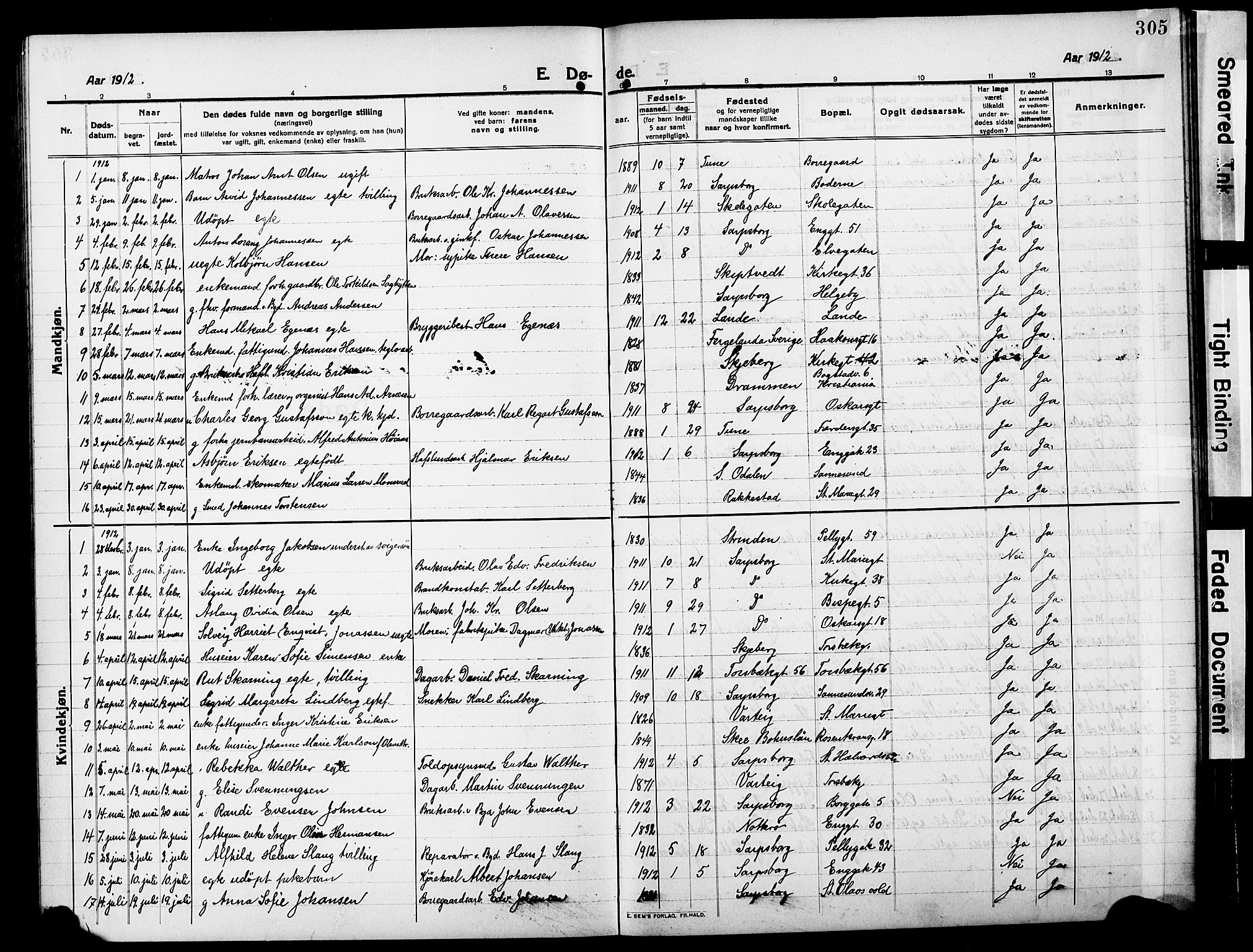 Sarpsborg prestekontor Kirkebøker, AV/SAO-A-2006/G/Ga/L0002: Parish register (copy) no. 2, 1912-1931, p. 305