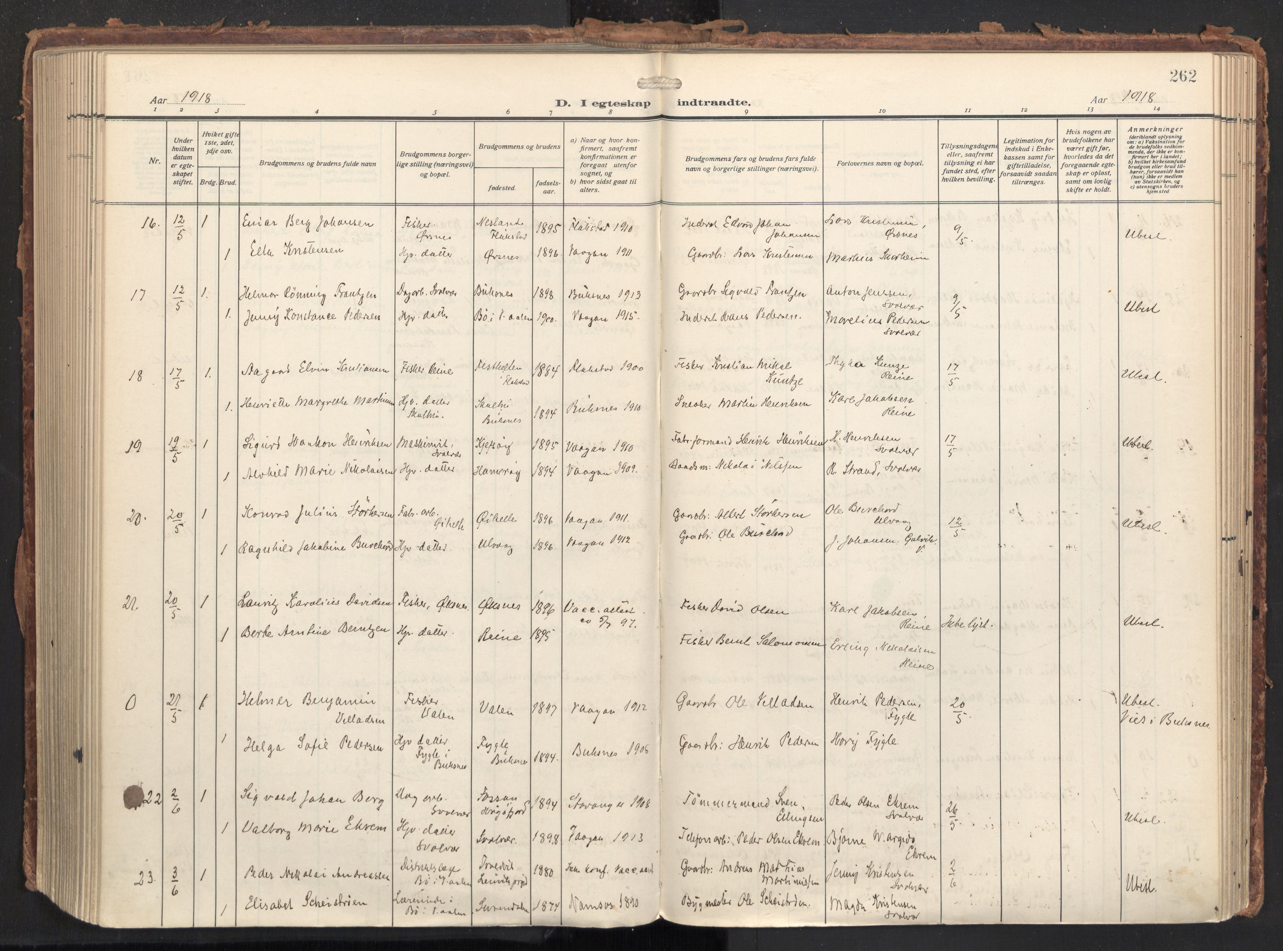 Ministerialprotokoller, klokkerbøker og fødselsregistre - Nordland, AV/SAT-A-1459/874/L1064: Parish register (official) no. 874A08, 1915-1926, p. 262