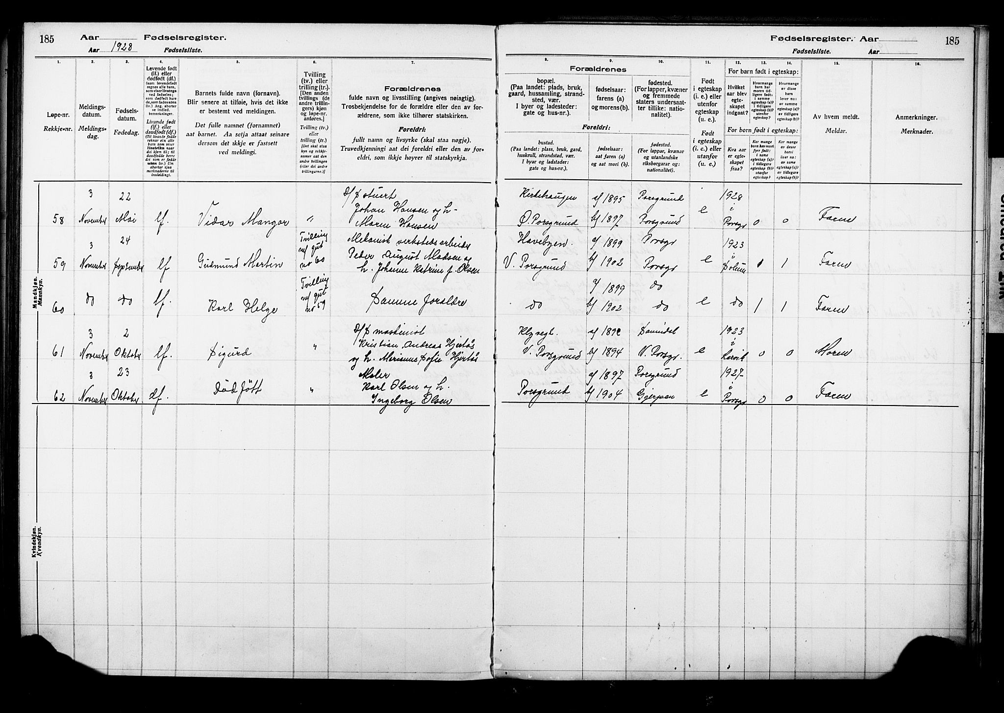 Porsgrunn kirkebøker , AV/SAKO-A-104/J/Ja/L0001: Birth register no. 1, 1916-1929, p. 185