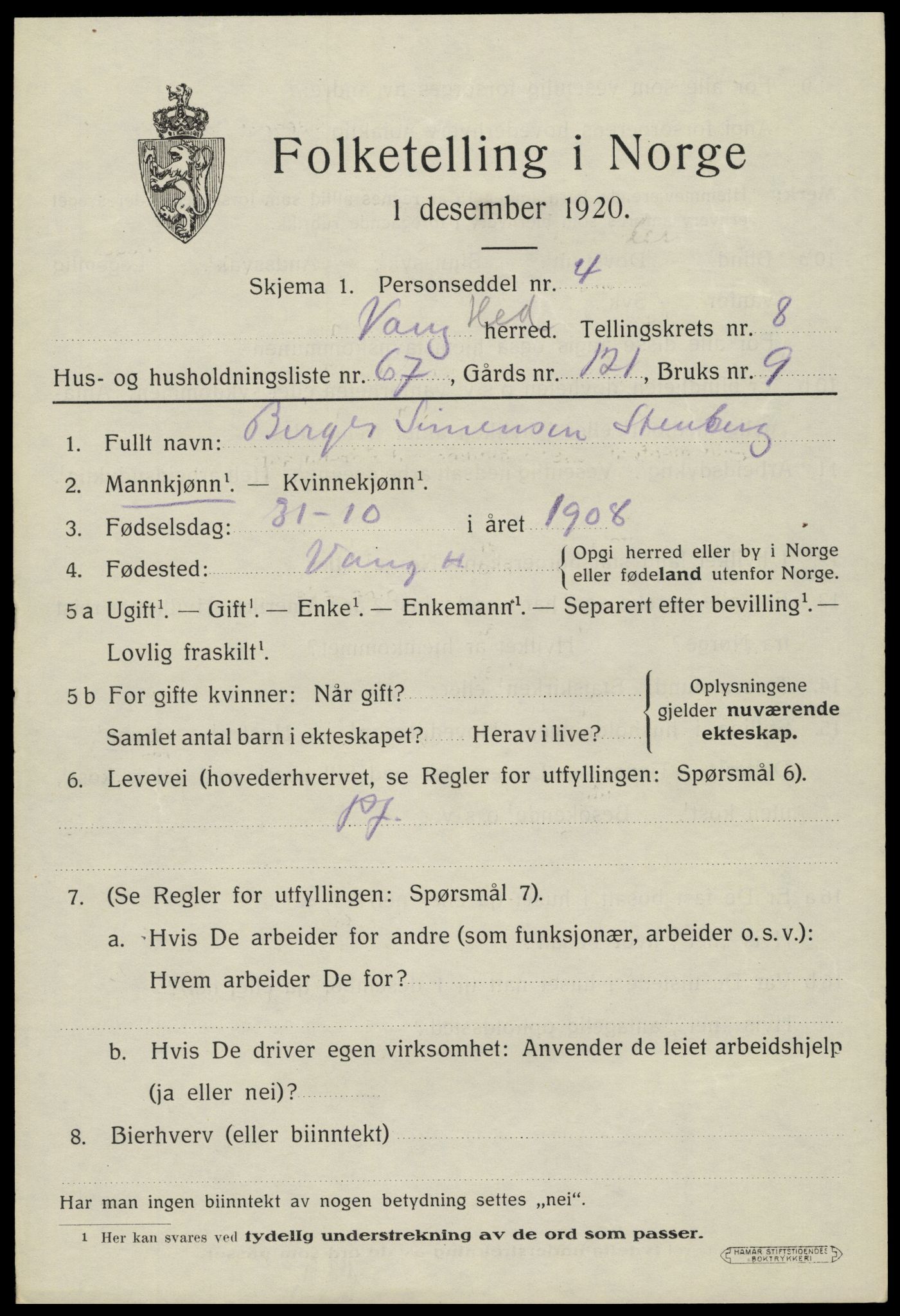 SAH, 1920 census for Vang (Hedmark), 1920, p. 18085