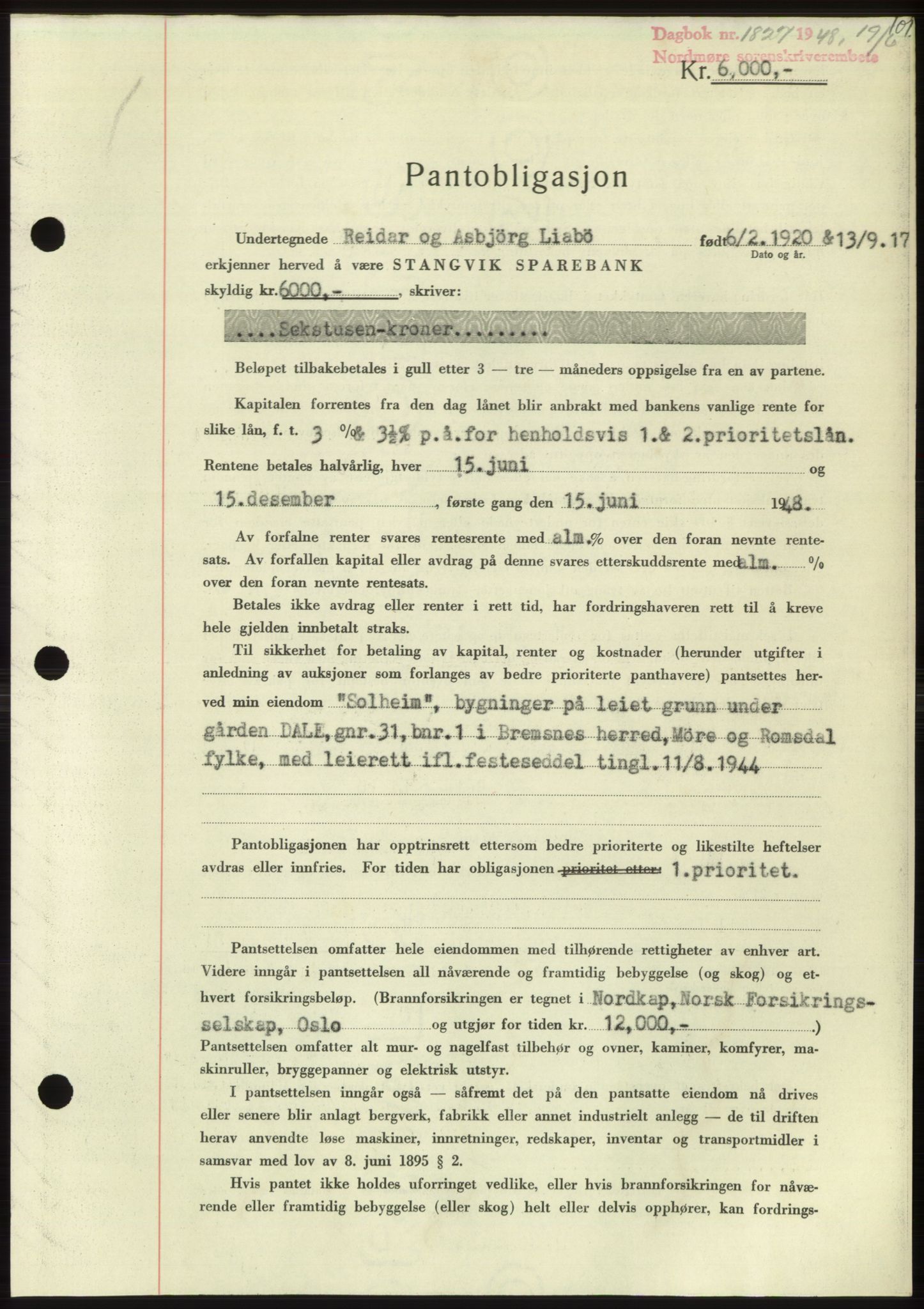 Nordmøre sorenskriveri, AV/SAT-A-4132/1/2/2Ca: Mortgage book no. B99, 1948-1948, Diary no: : 1827/1948