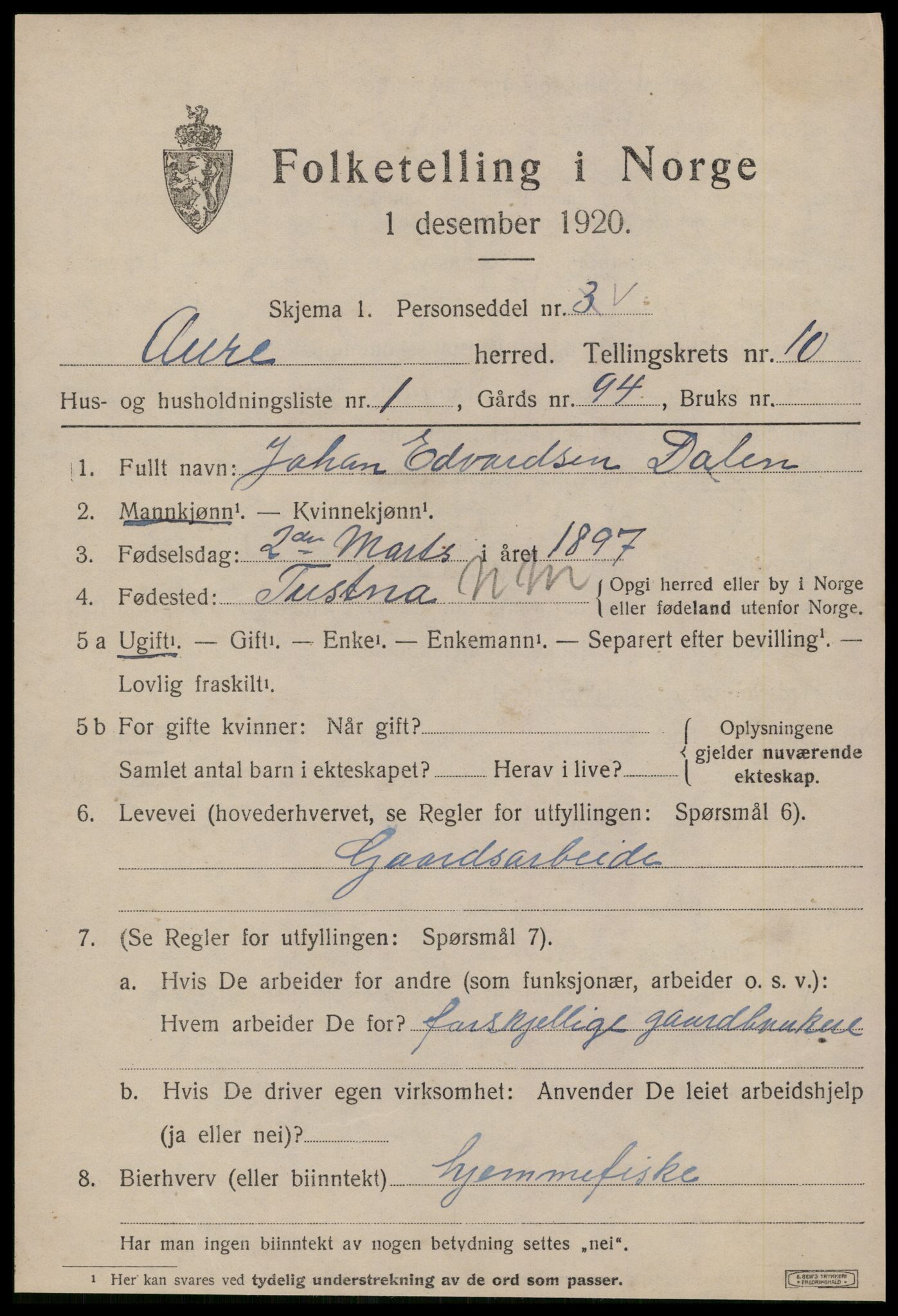 SAT, 1920 census for Aure, 1920, p. 3980