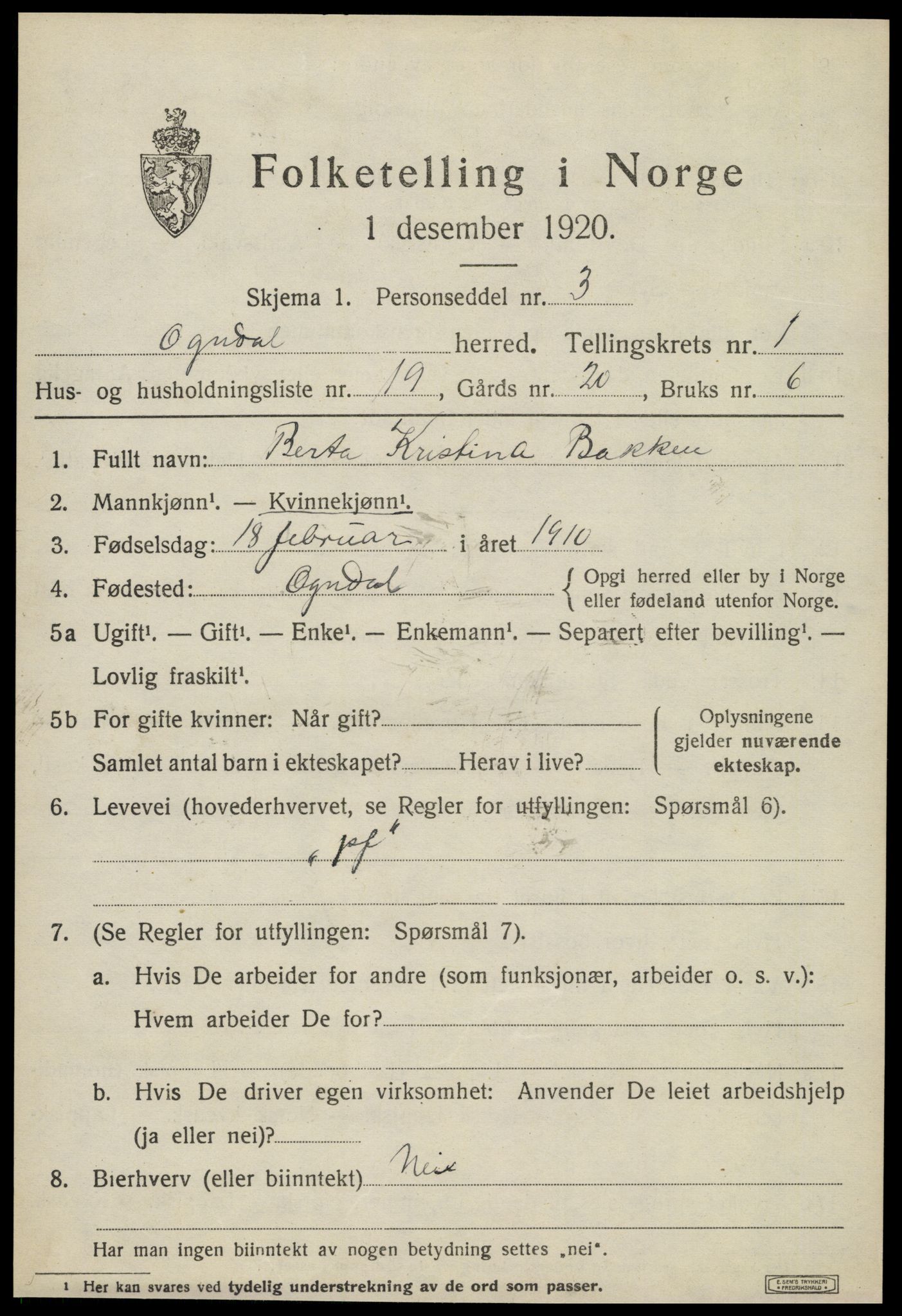 SAT, 1920 census for Ogndal, 1920, p. 699