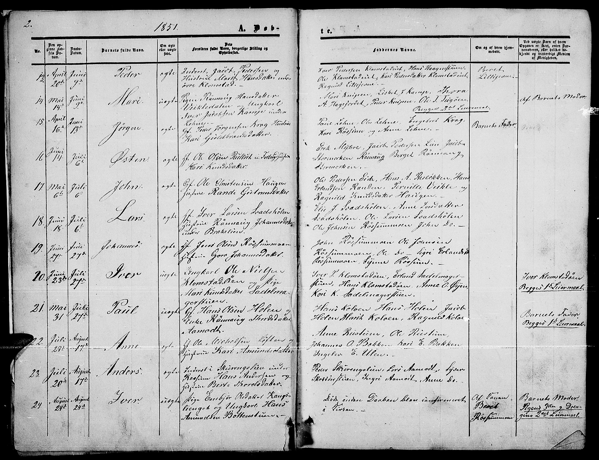 Nord-Fron prestekontor, SAH/PREST-080/H/Ha/Hab/L0003: Parish register (copy) no. 3, 1851-1886, p. 2