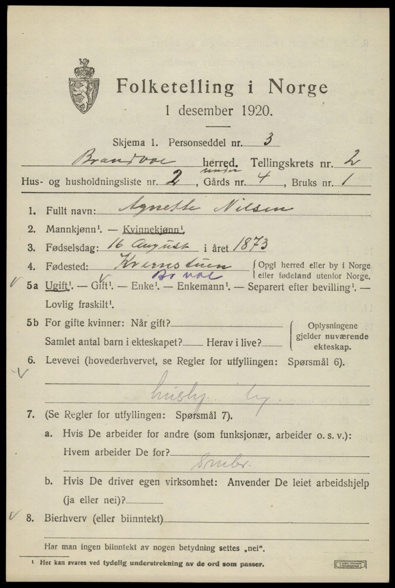 SAH, 1920 census for Brandval, 1920, p. 2136