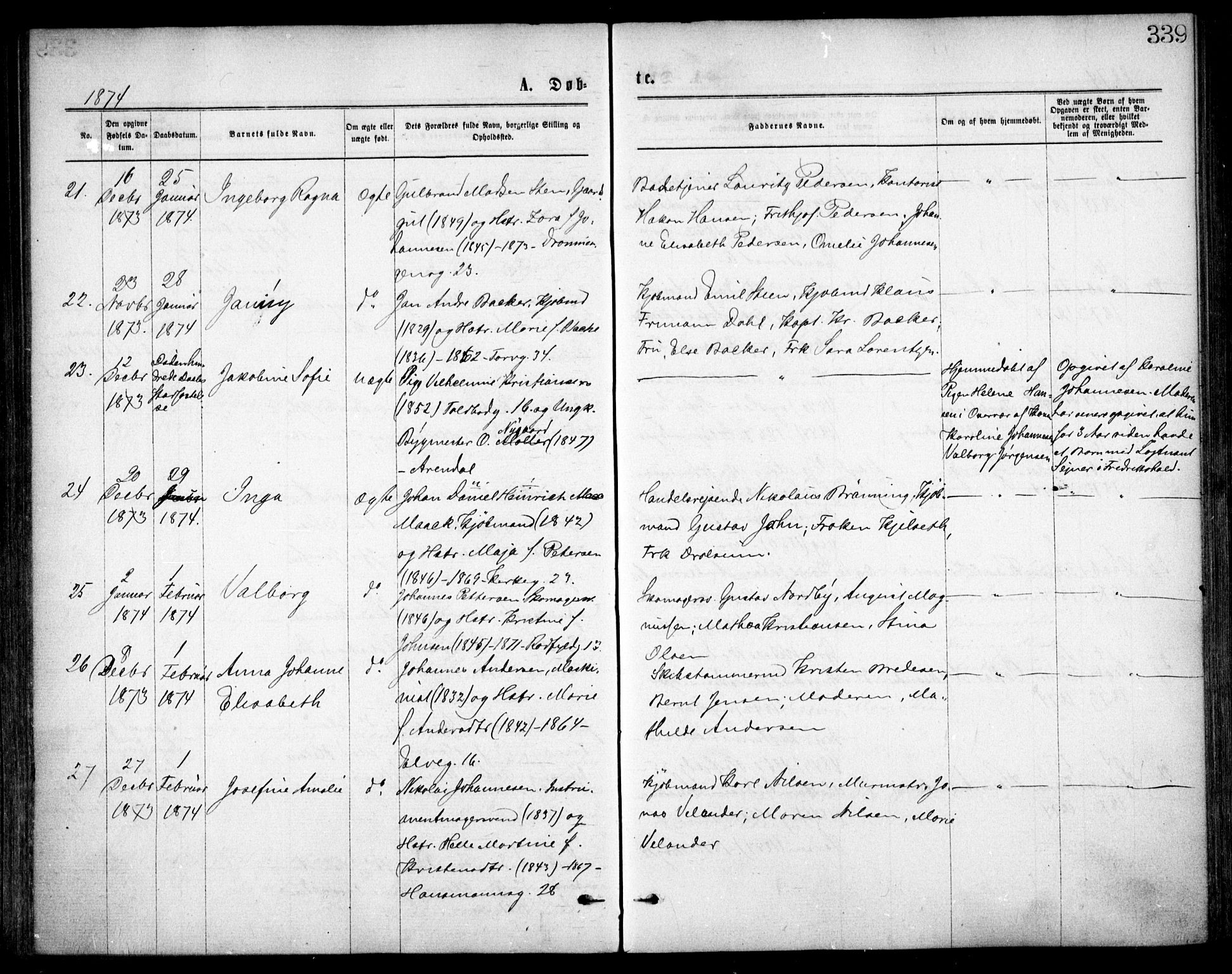 Oslo domkirke Kirkebøker, SAO/A-10752/F/Fa/L0017: Parish register (official) no. 17, 1869-1878, p. 339