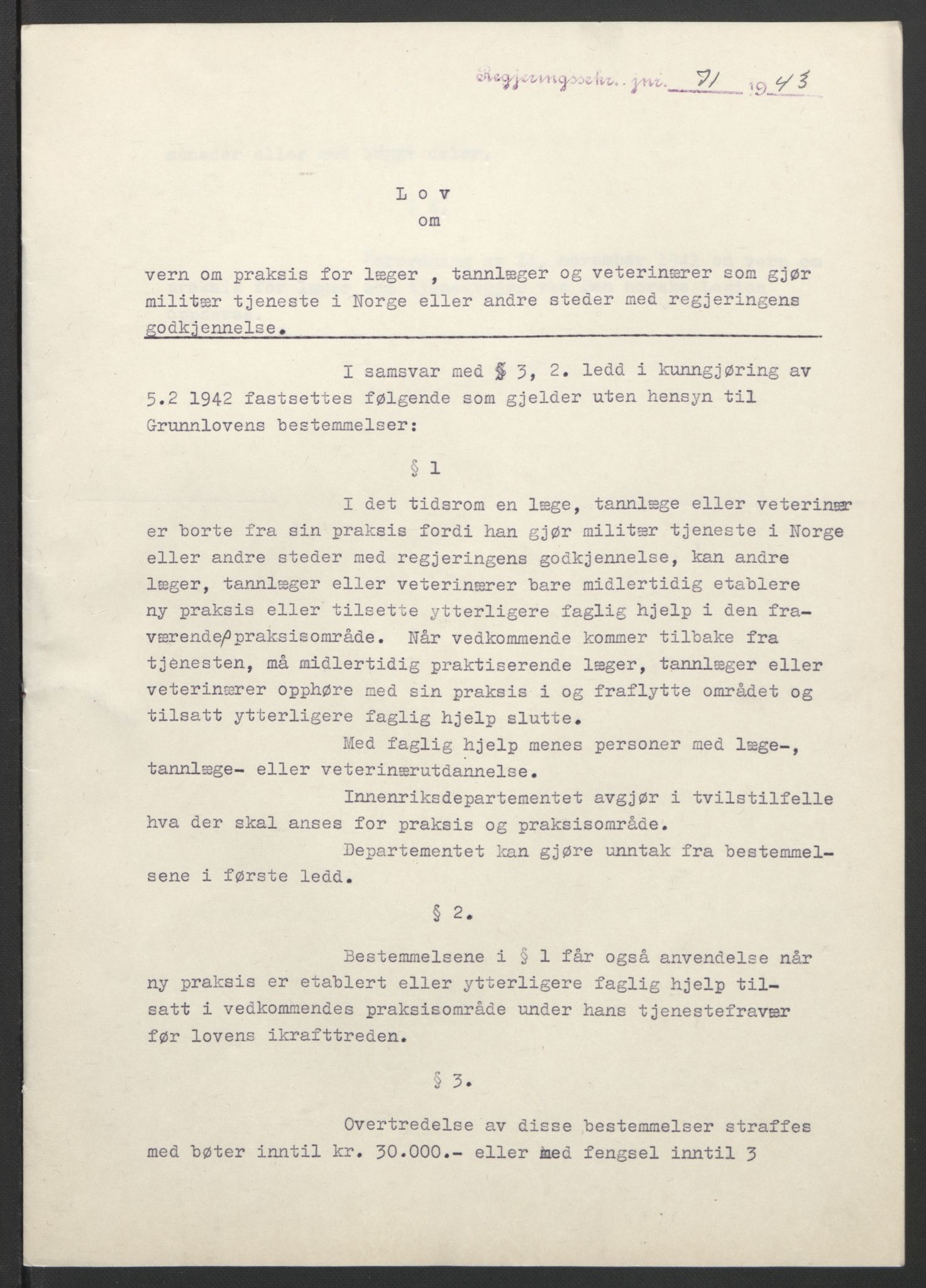 NS-administrasjonen 1940-1945 (Statsrådsekretariatet, de kommisariske statsråder mm), AV/RA-S-4279/D/Db/L0099: Lover, 1943, p. 155